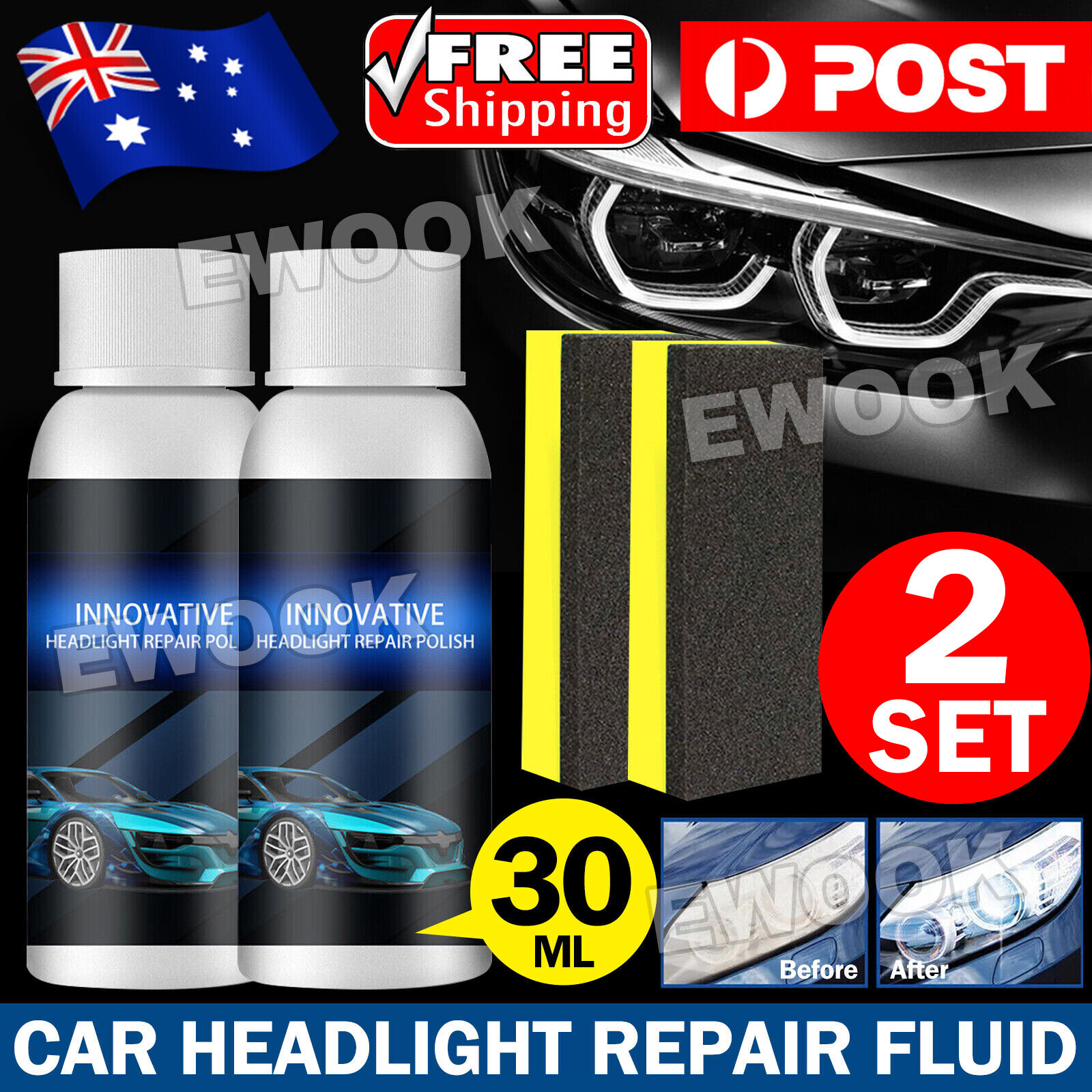 Car Headlight Restoration Fluid Repair Kit Plastic Light Polish Cleaner Sponge 2