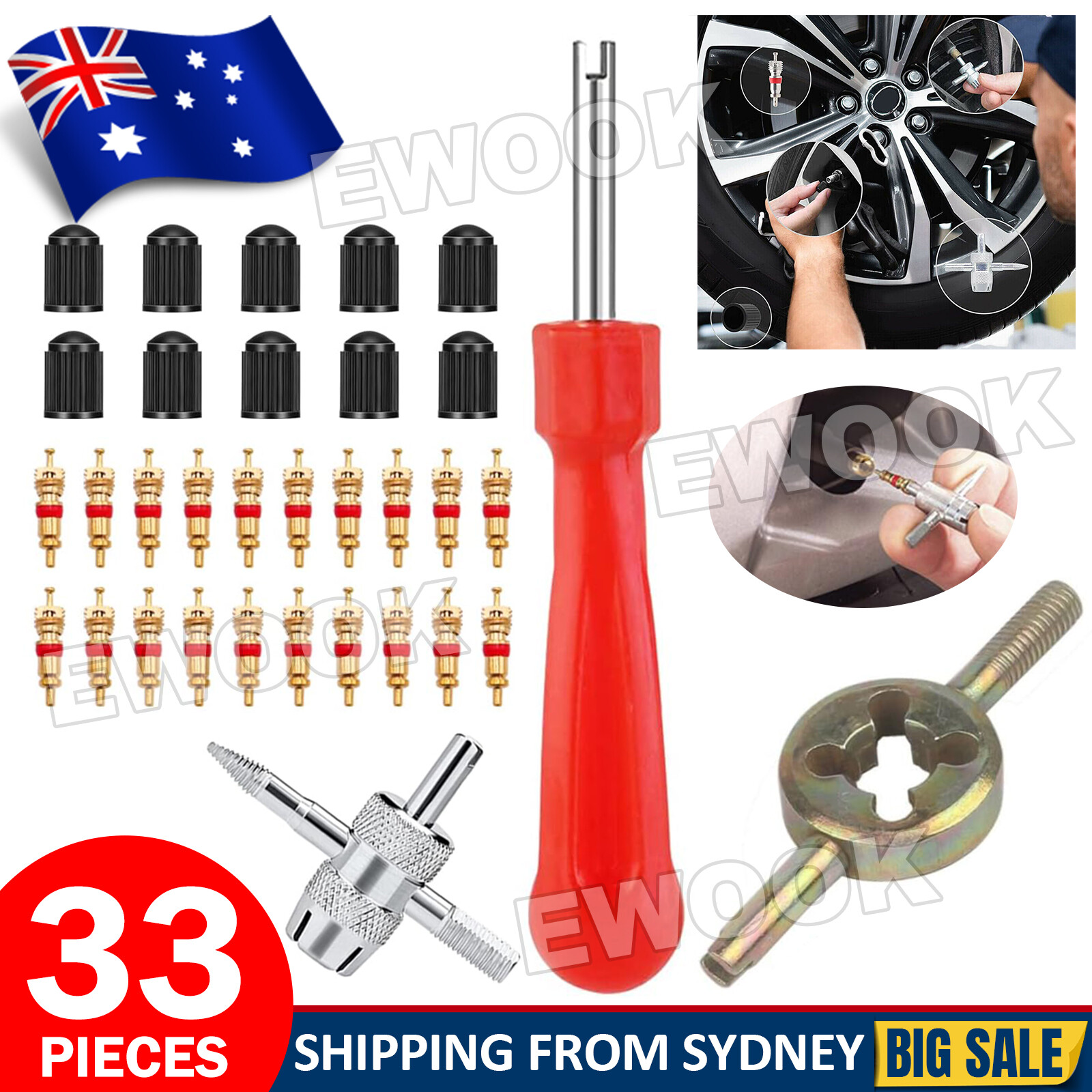 4 Way Tyre Valve Repair Tool stem remover Cars Trucks 4WD Caps Cores Wrench AU