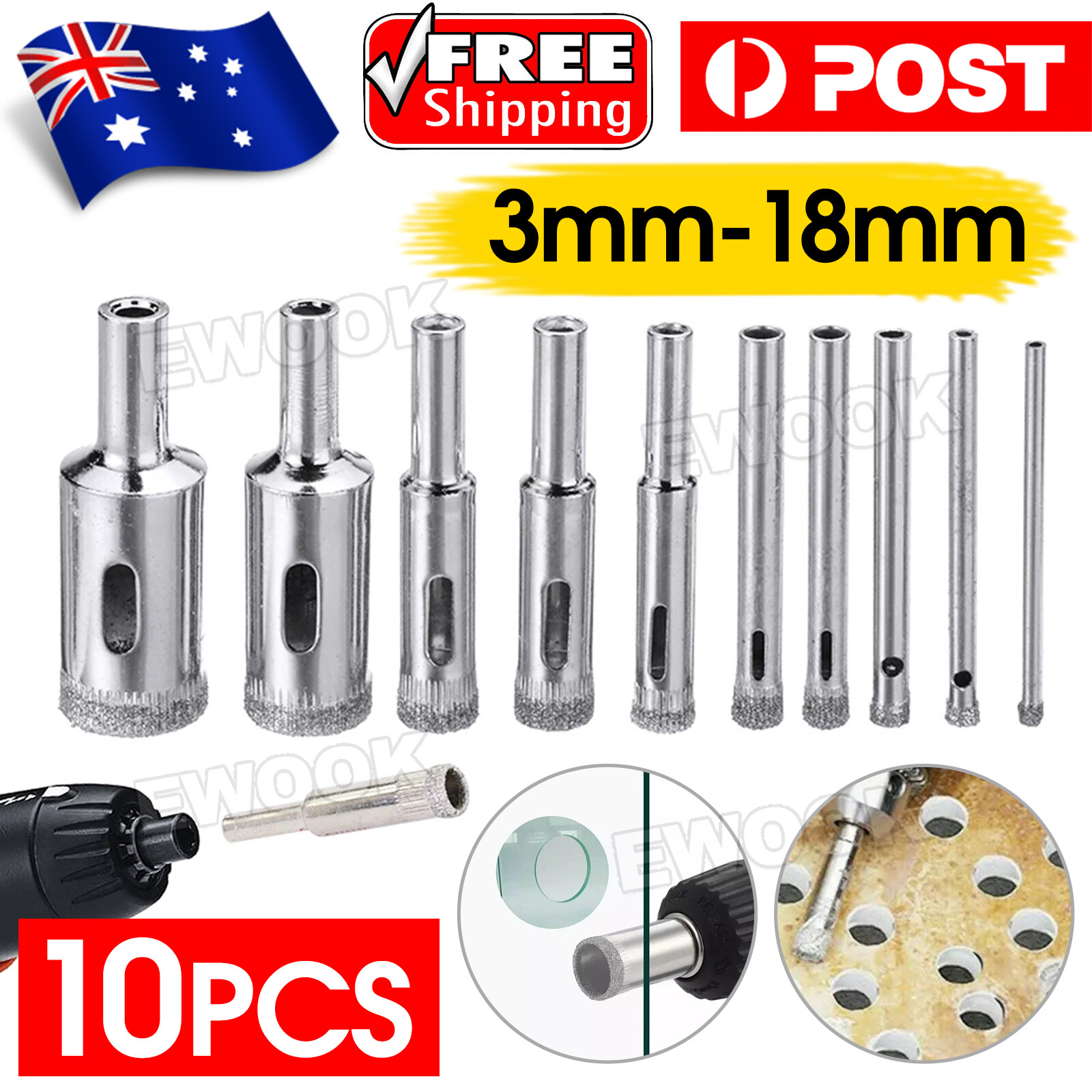 10 Pcs Diamond Glass Drill Set Bit Cutter Holes Saw Core Tool Carbide 3-18mm