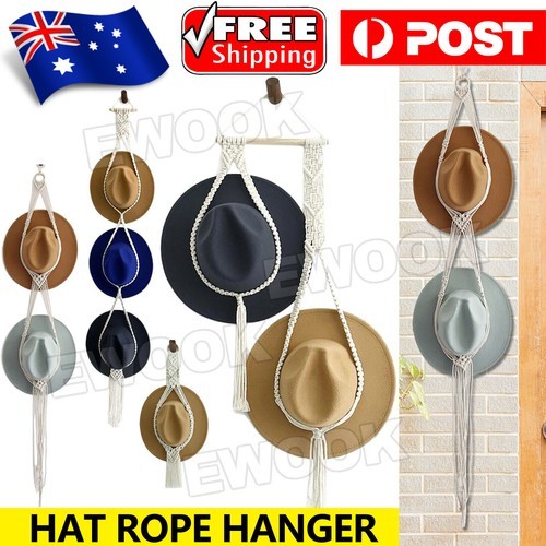 Boho Hand-Woven Macrame Hat Display Rack Hanging Cap Holder 1-3 Rope hanger Clip