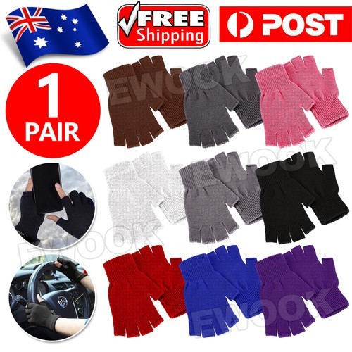 2x Winter Fingerless Gloves Open Finger Black Soft Warm Knitted Unisex One Size