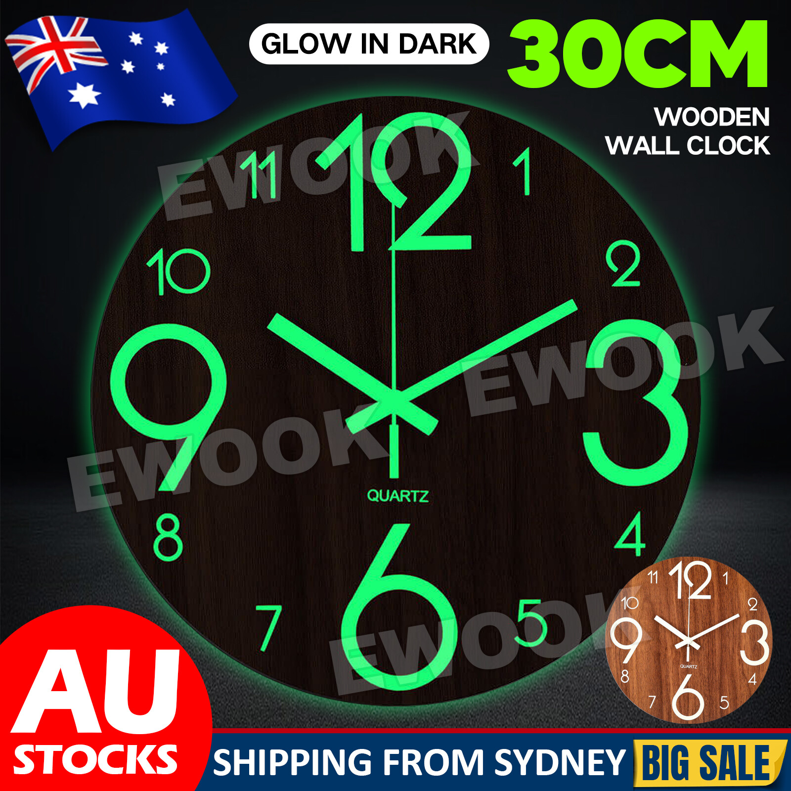 Glow In Dark Wall Clock Luminous Quartz Wooden Non Ticking Home Decor 12apos