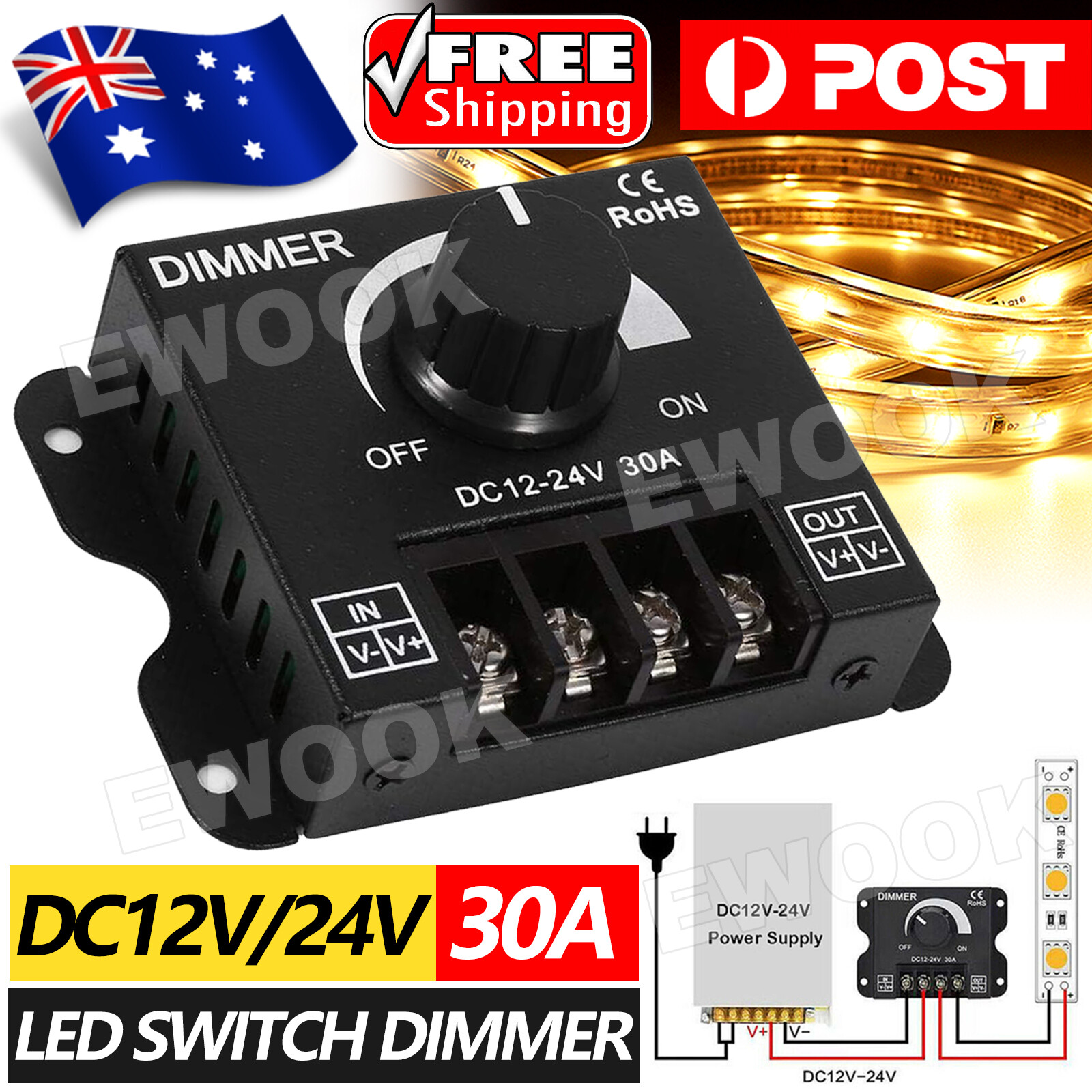 DC 12v 24v 30A LED Switch Dimmer Controller For Strip Light Single Colour Wall