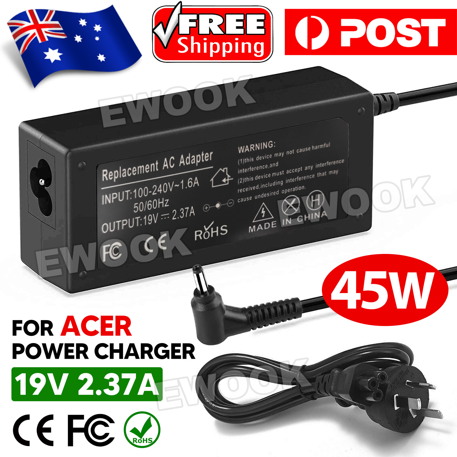 45W 19V 2.37A Laptop Charger AC Adapter For Acer Spin 3 SP314-53N 3.0 1.1mm as