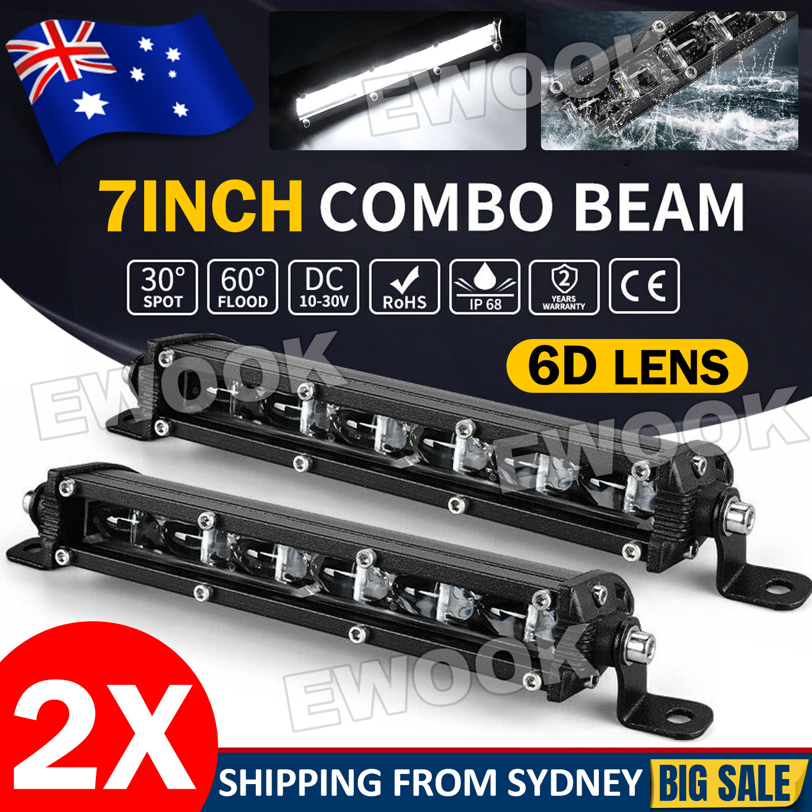 2x 7 inch LED Light Bar 60W Slim 6D Single Row Driving Beam Work Lamp Marine OZ