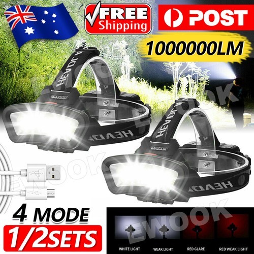 1000000LM COB LED Headlamp Headlight Torch USB Rechargeable Flashlight Work Head
