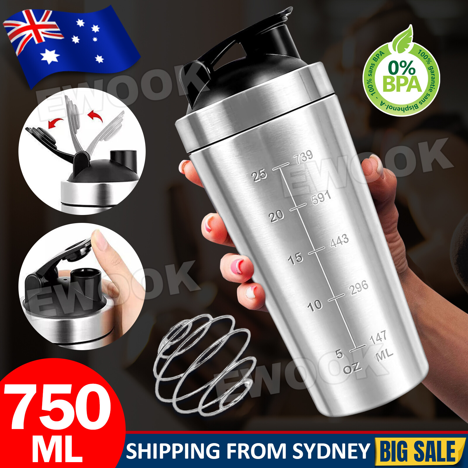 750ml Protein Shaker Bottle Stainless Steel Shake Cup GYM Fitness Drink Mixer