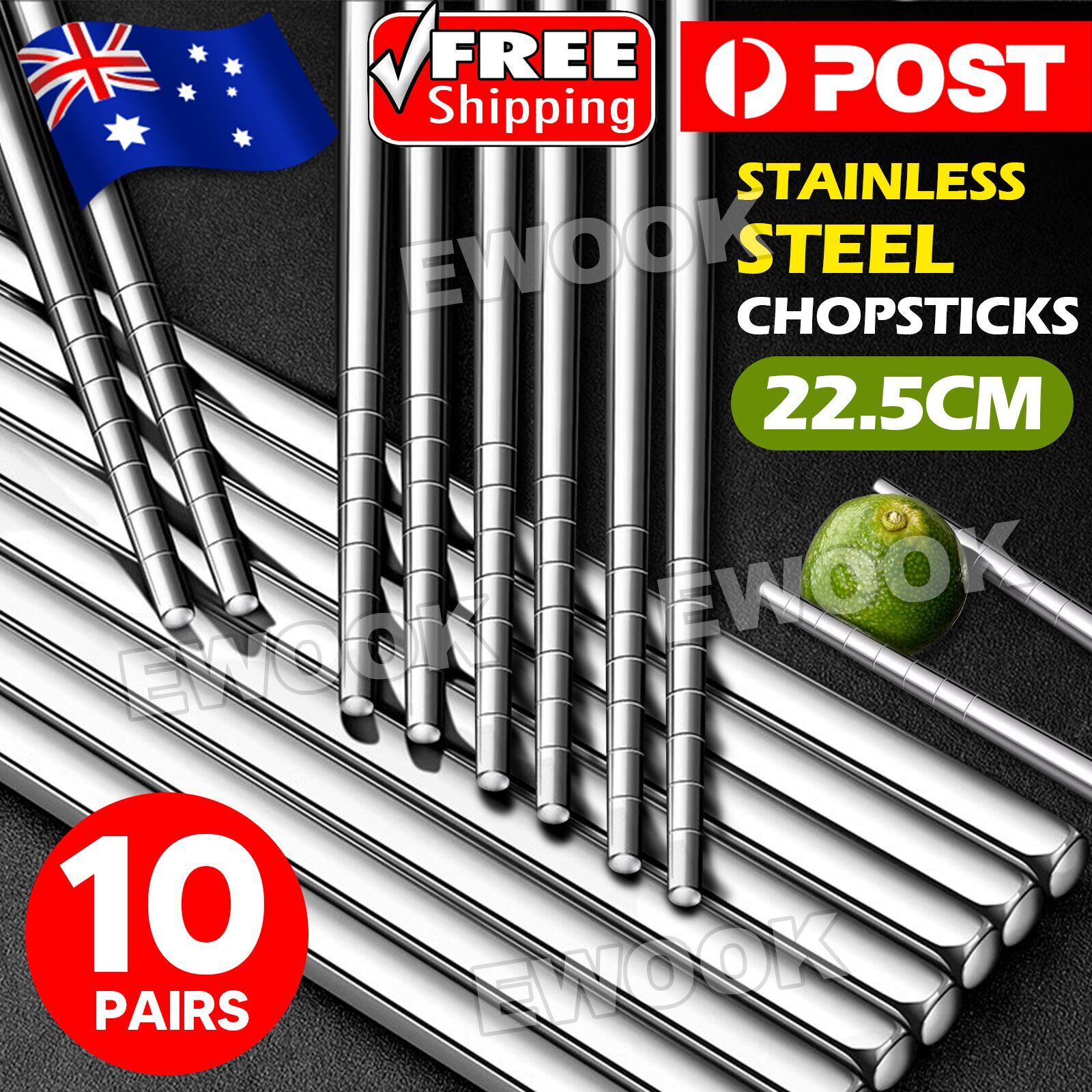 10 Pairs Stainless Steel Chopsticks Asian Chinese Dinner Reusable Cutlery 22.5cm