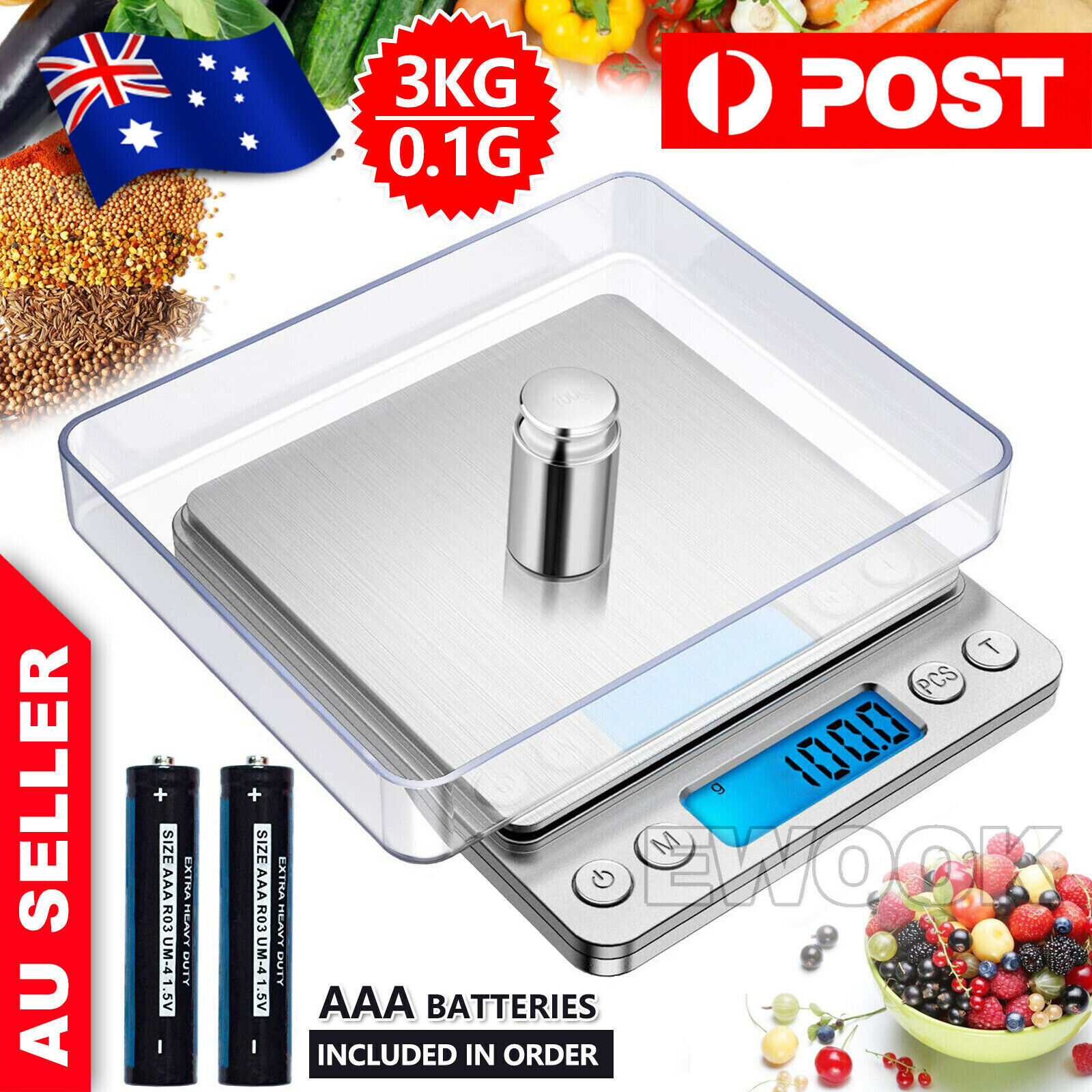 3kg 0.1g Kitchen Digital Scale LCD Electronic Balance Food Weight Postal 3 kg