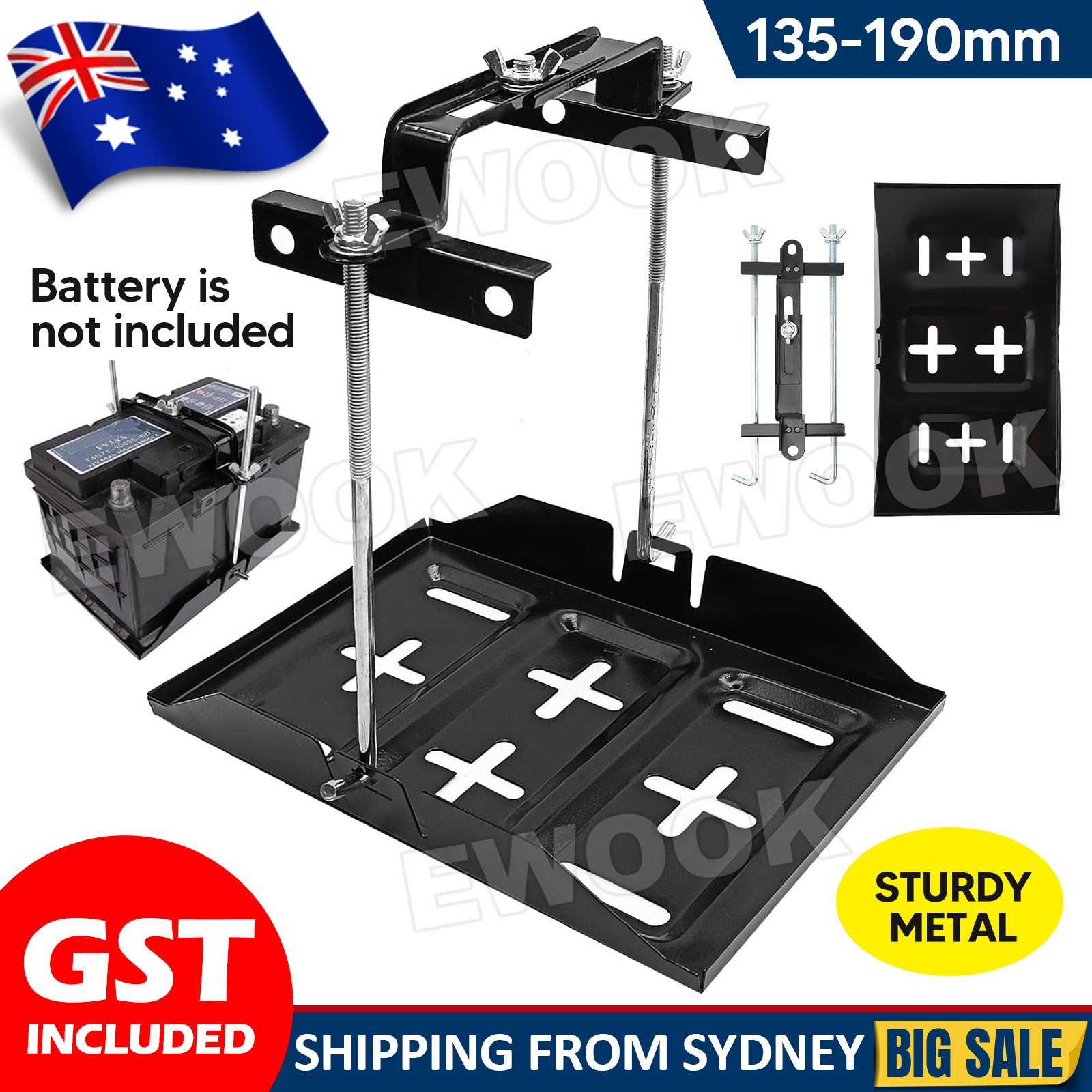 Universal Metal Car Battery Tray Adjustable Hold Down Clamp Bracket Kit Cycle AU