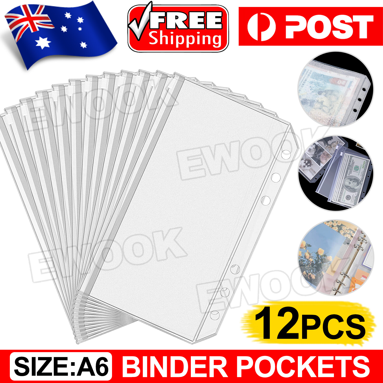 12PCS A6 Binder Pockets 6 Holes Budget Cash Envelopes Clear Zipper Folders forD3