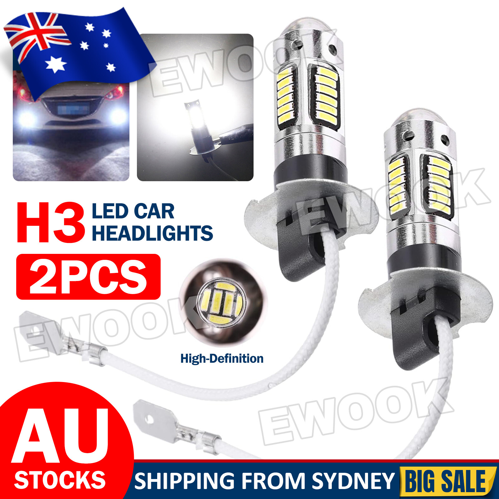 2x H3 LED Fog Light Bulbs Conversion Kit Super-Bright Canbus 6500K White AU Cold