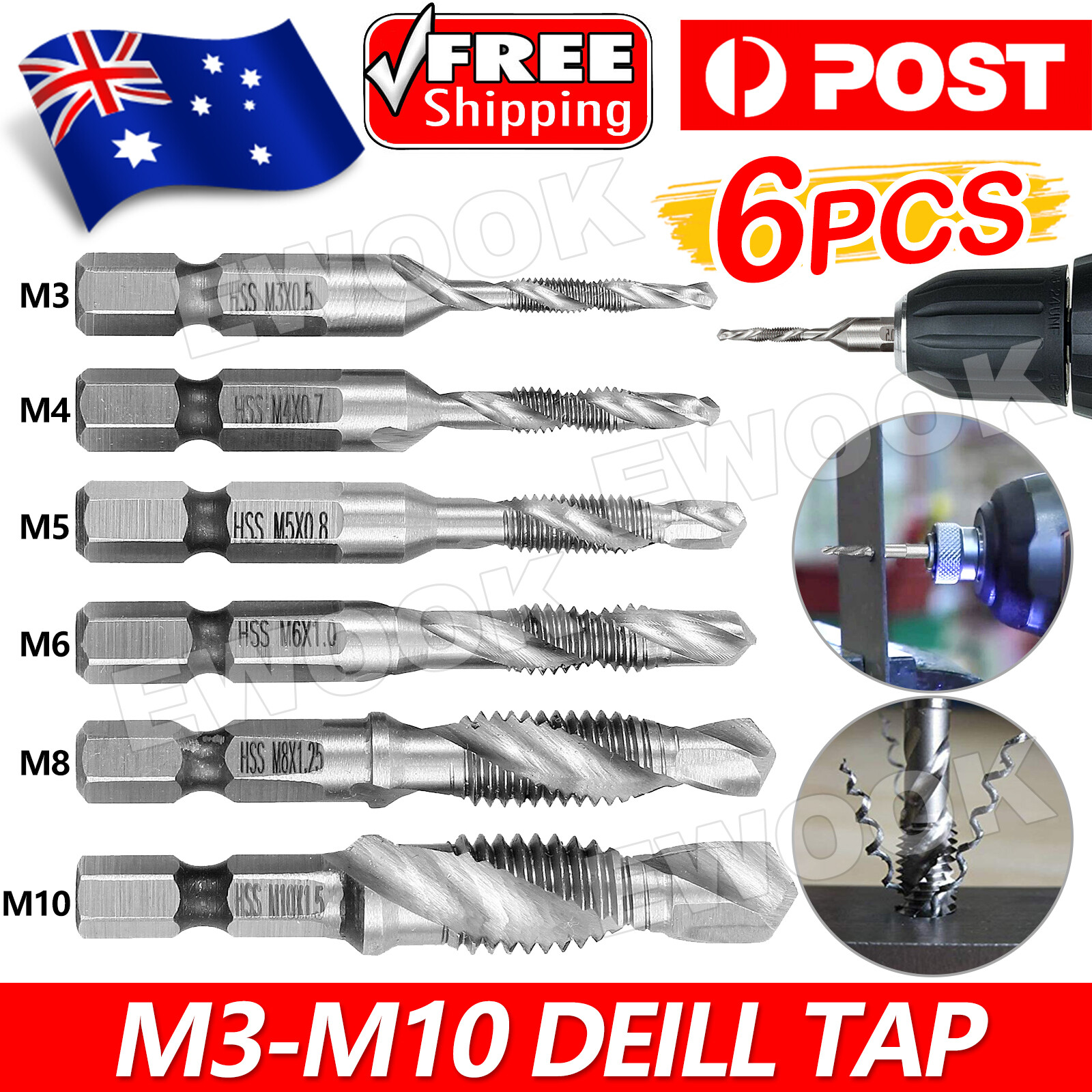 6pcs Drill Tap Countersink Deburr Set Metric Combination Bit M3-M10 AU High 4341