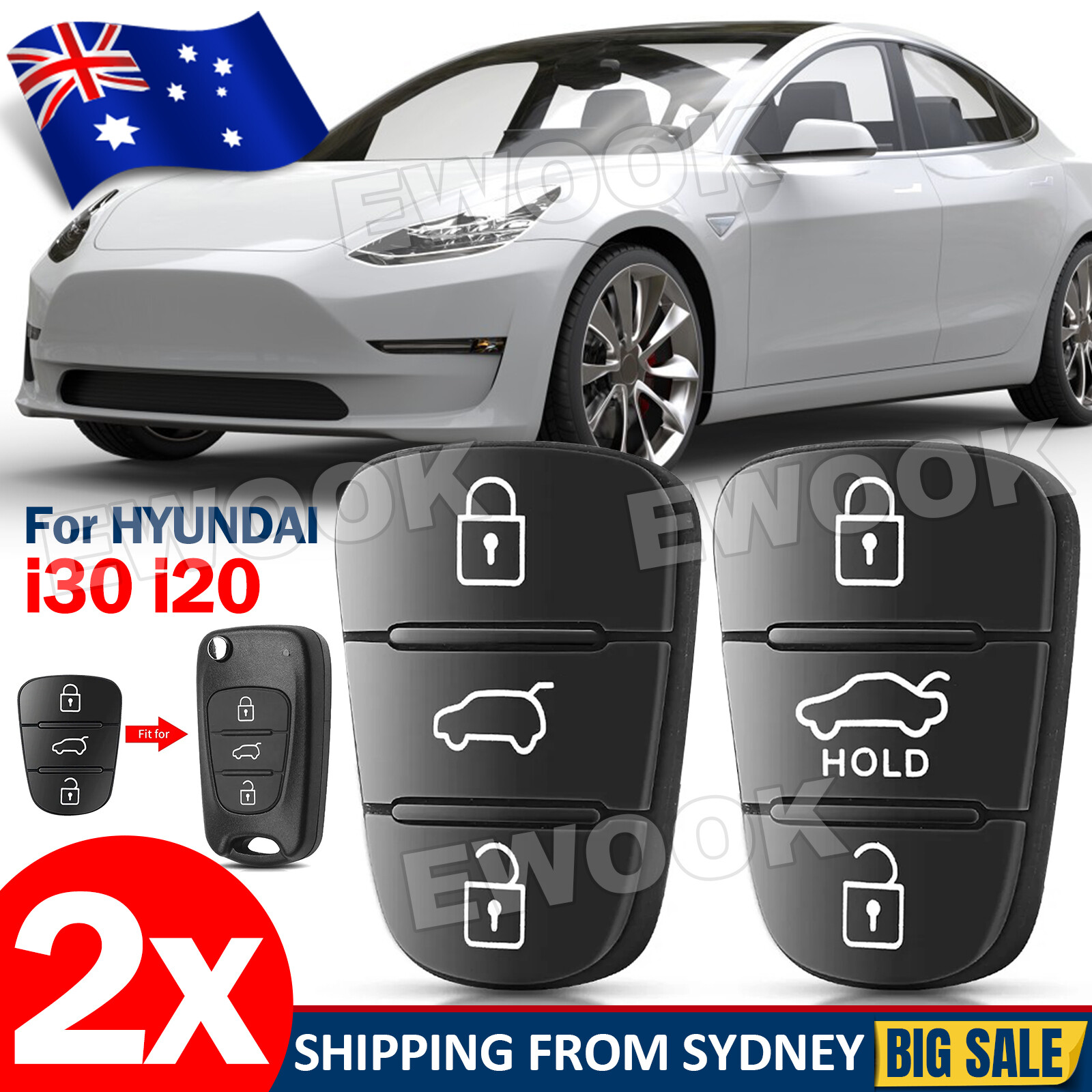 2PCS For Hyundai i30 i20 Elantra 3 Button Flip Key Replacement Remote Rubber Pad