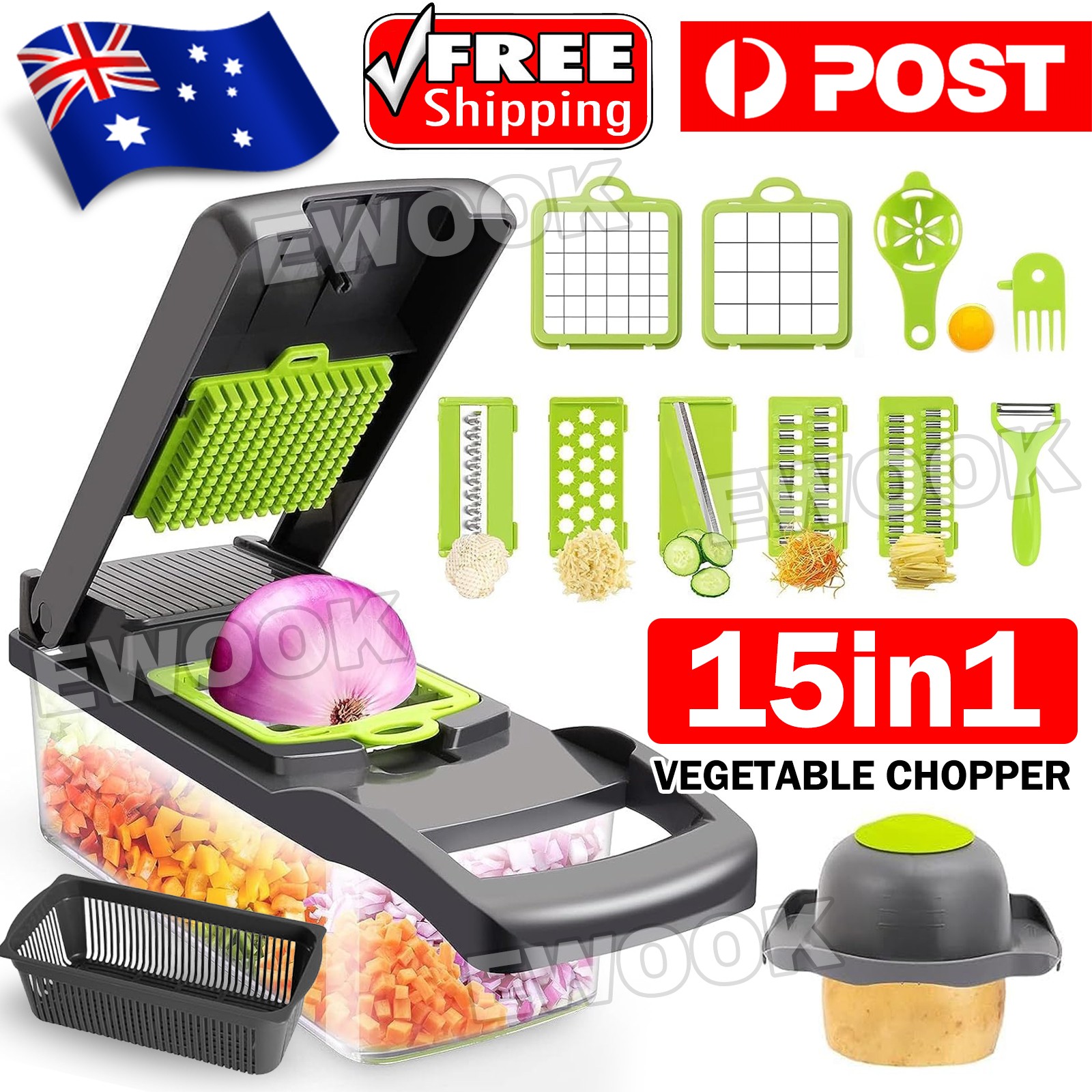 Vegetable Chopper Food Onion Veggie Slicer Cutter Dicer Kitchen 15IN1 Grayish