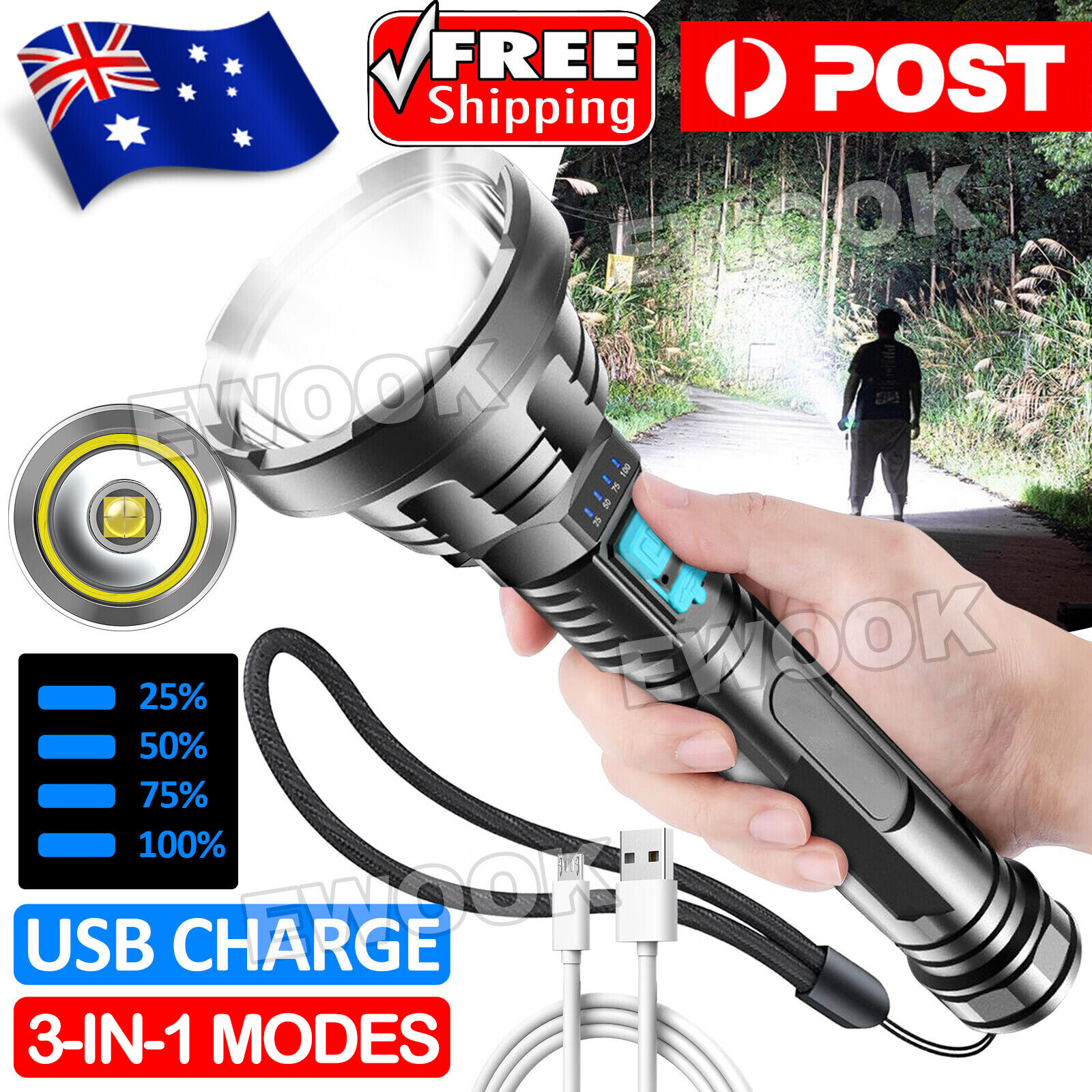 High Powered LED Flashlight Super Bright Torch USB Rechargeable Lamp Handheld As