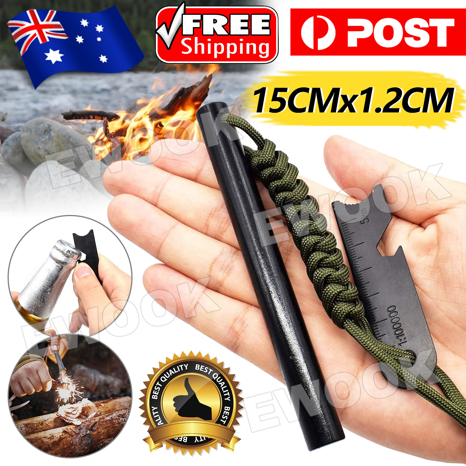 Ferrocerium Flint Rod 15cm 1.2cm Survival Fire Starter with Striker Para-cord