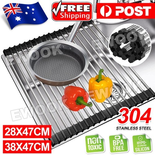 Dish Rack Drying Drainer Over Sink Stainless Steel Roll Up Foldable Kitchen 1 38