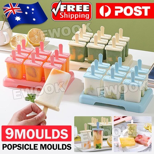 9 Cells Block Moulds Ice Cream Mold Icy Pole Jelly Pop Popsicle Maker Tray BPA