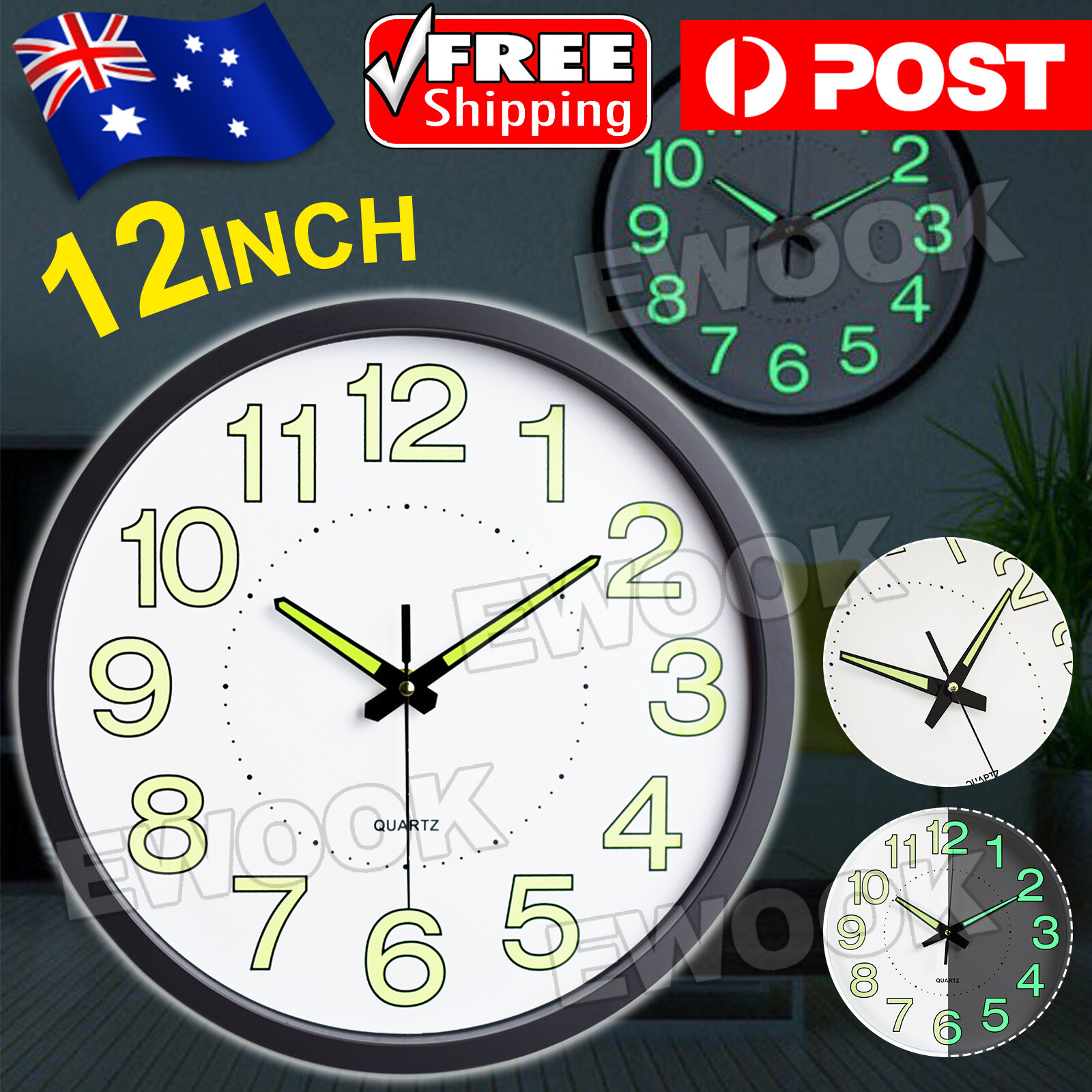 12 Wall Clock Glow In The Dark Silent Quartz Indoor/Outdoor Home Luminous Hour