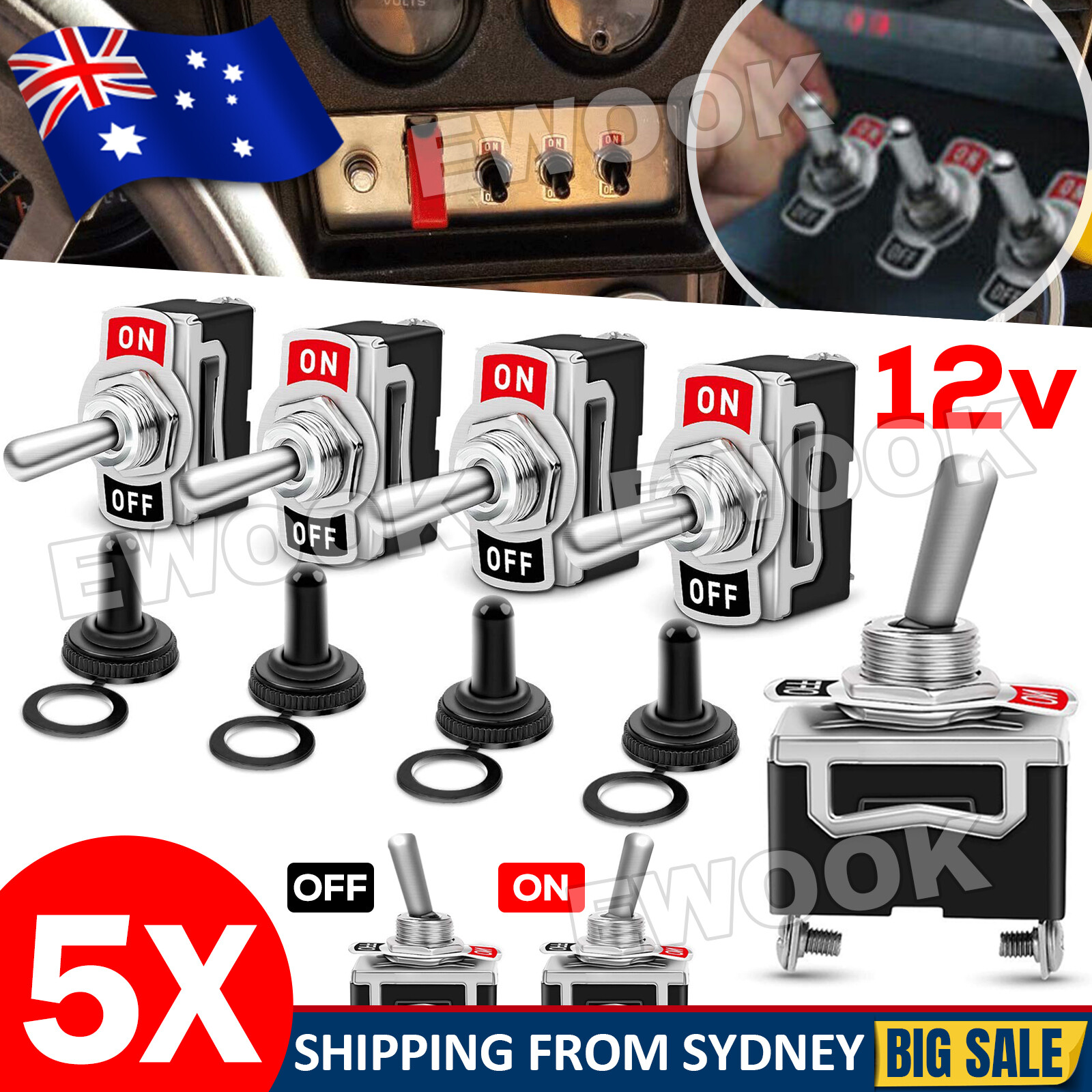 5x Waterproof Toggle Flick Switch 12V ON/OFF Car Dash Light Metal 12 Volt Boot