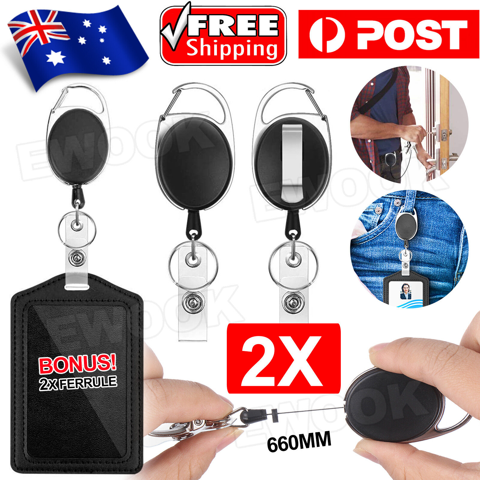 2x Retractable Id Badge Lanyard opal card holder business security Pass Key Ring