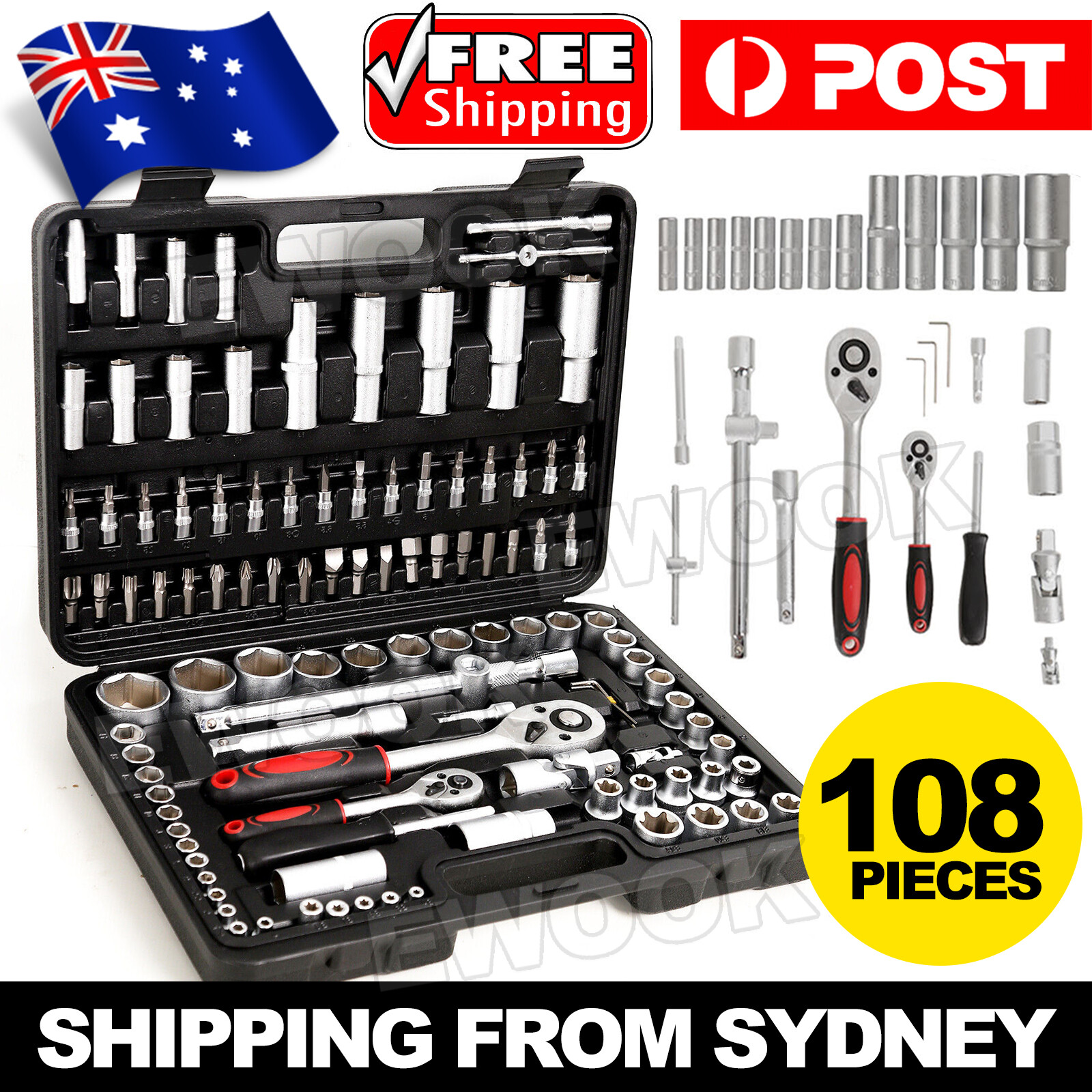 108PCS Tool Kit Socket Hand Set 1/2 1/4 Ratchet Spanner Wrench Metric Driver ABS