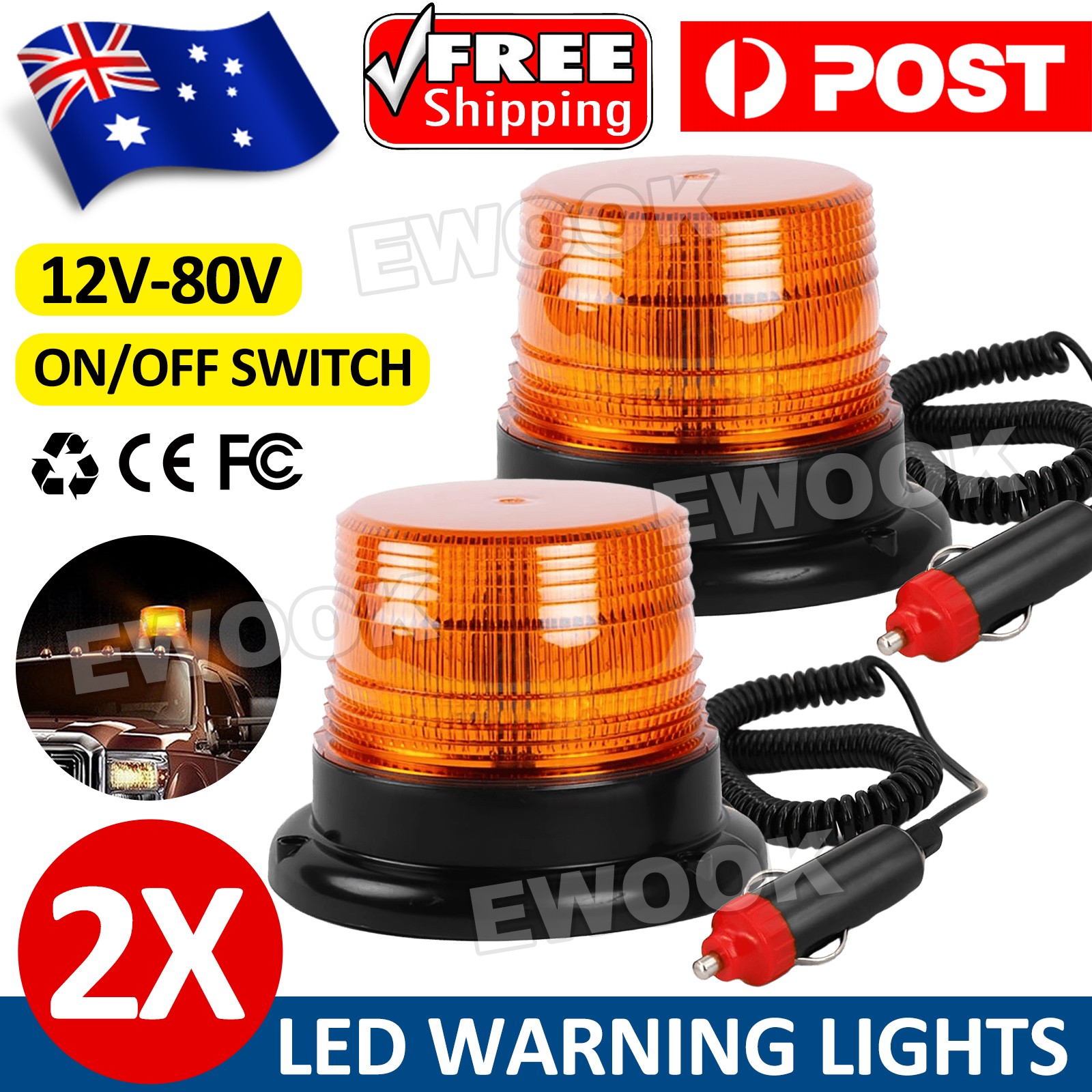2PCS Emergency Car Beacon Strobe Amber LED Light Flashing Warning Rotating Lamp