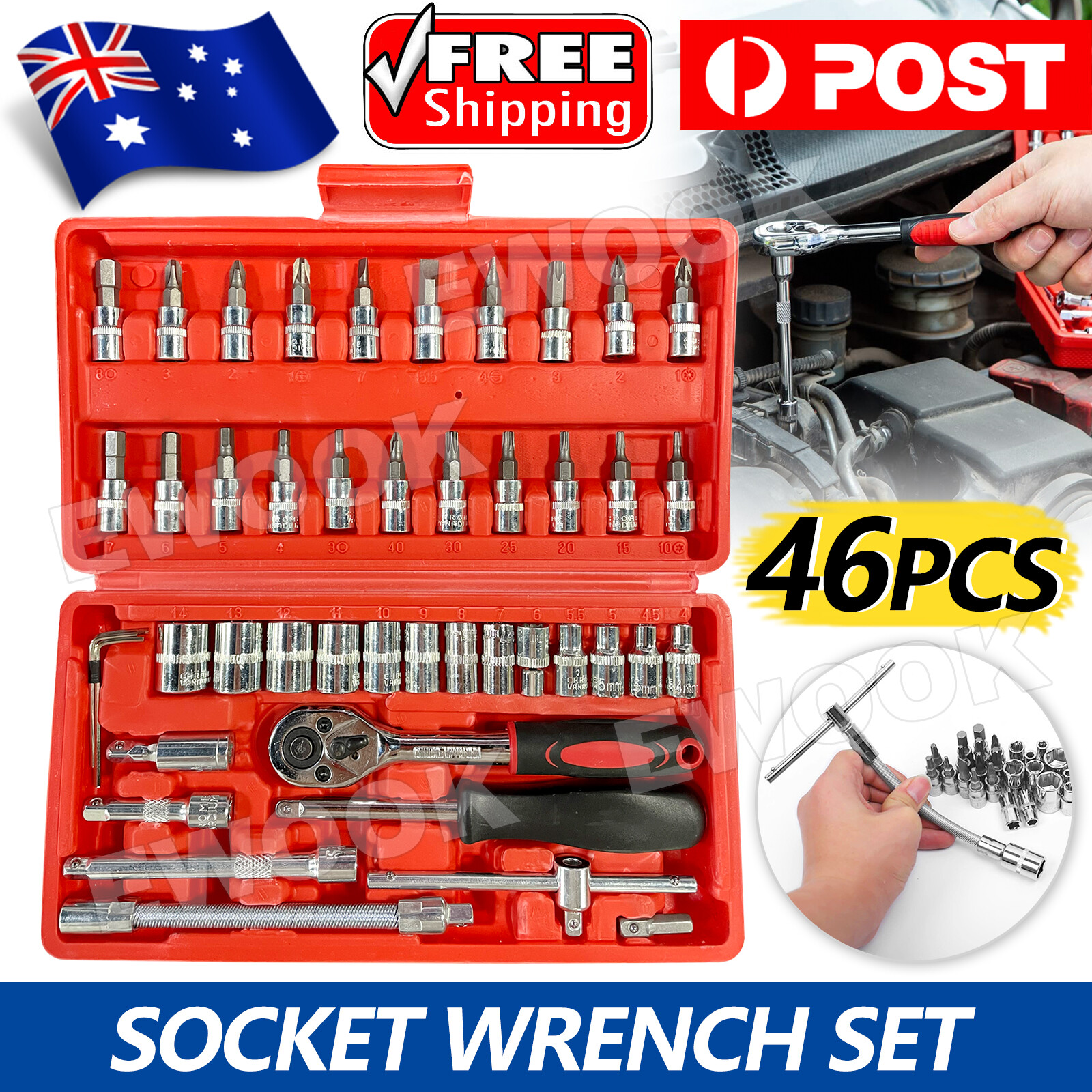 46PCS Socket Wrench Set CRV Truck 1/4 Drive Metric Flexiable Extension Bar Case