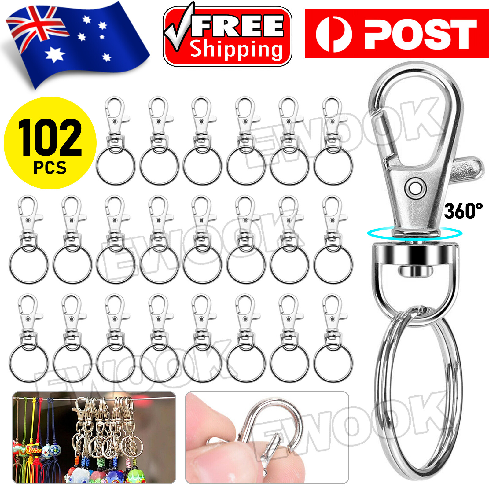 102 Swivel Lobster Clasp Clips Hook Alloy KeyRing Split Keychain Durable Diy AU