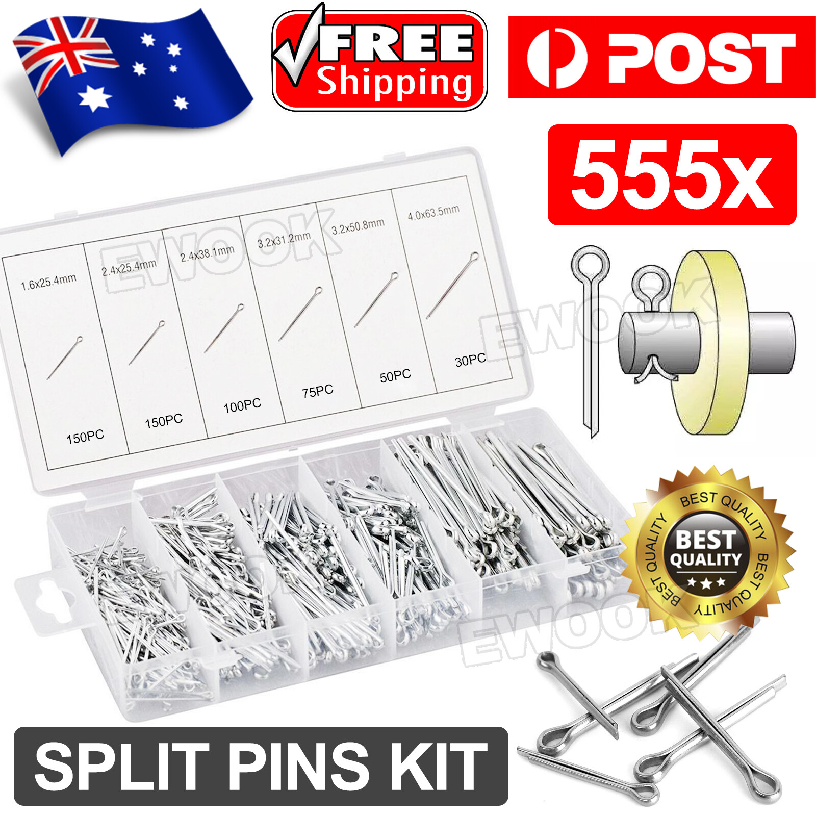 555pc Cotter Pin Assortment Set Grab Split Fixings Securing Lock Spring Kit See