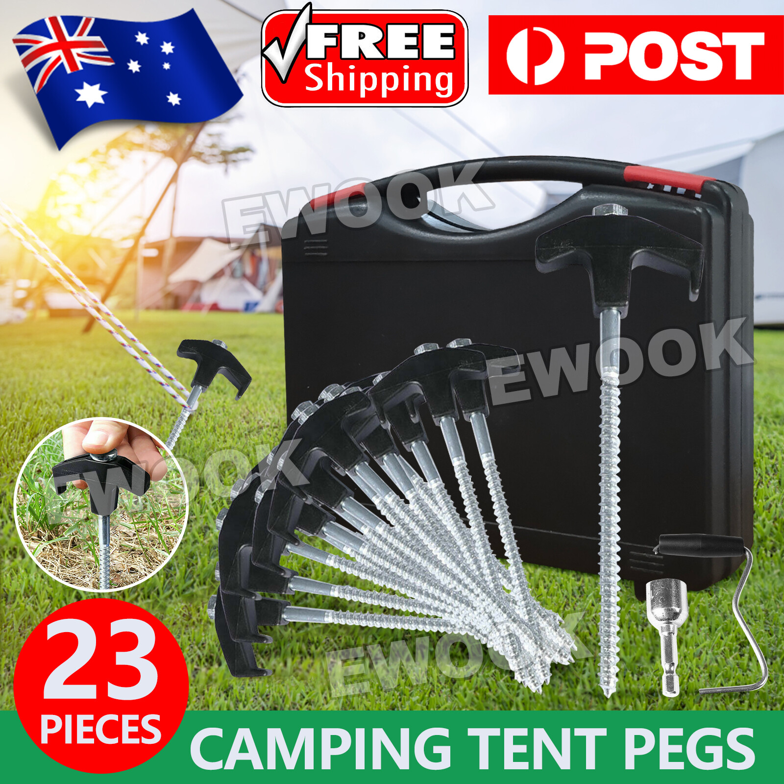 23Pcs Camping Tent Pegs Heavy Duty Screw Steel In Ground Outdoor Stakes Sharp