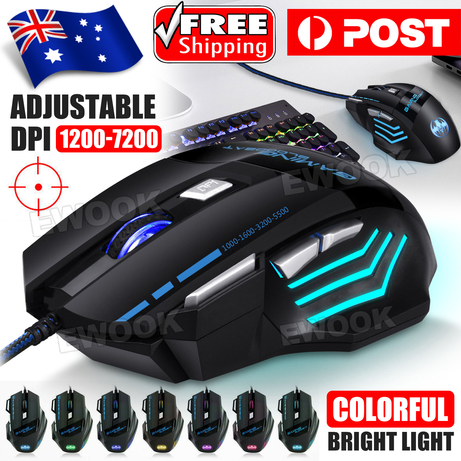 AU USB 7200DPI LED Wired Optical Backlight Gaming Mouse Support Pro 7 Button to