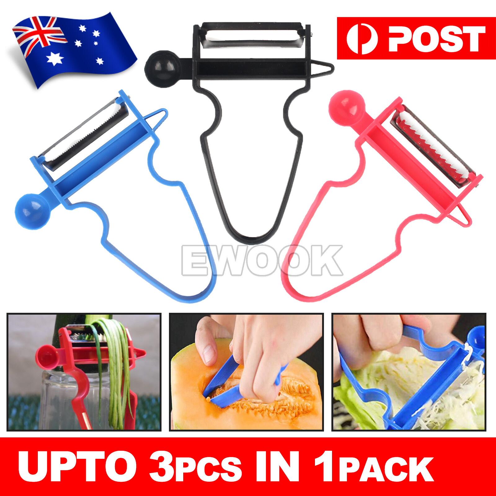 3Pcs Vegetable Peeler Slicer Shredder Julienne Strips Cutter Fruit Tool Black