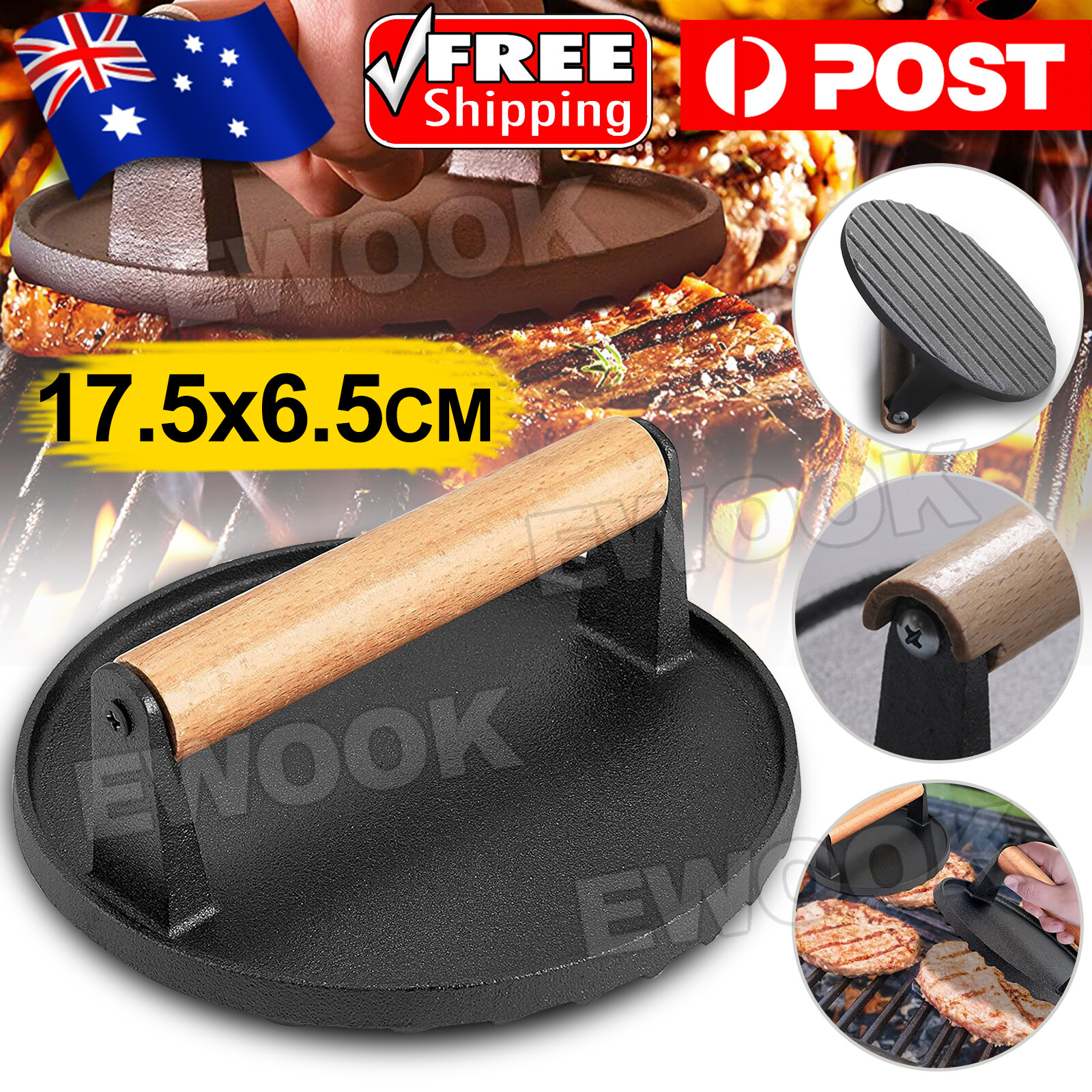 Cast Iron Burger Press Making Hamburger Steak Meat Smasher Utensils Grill BBQ AU