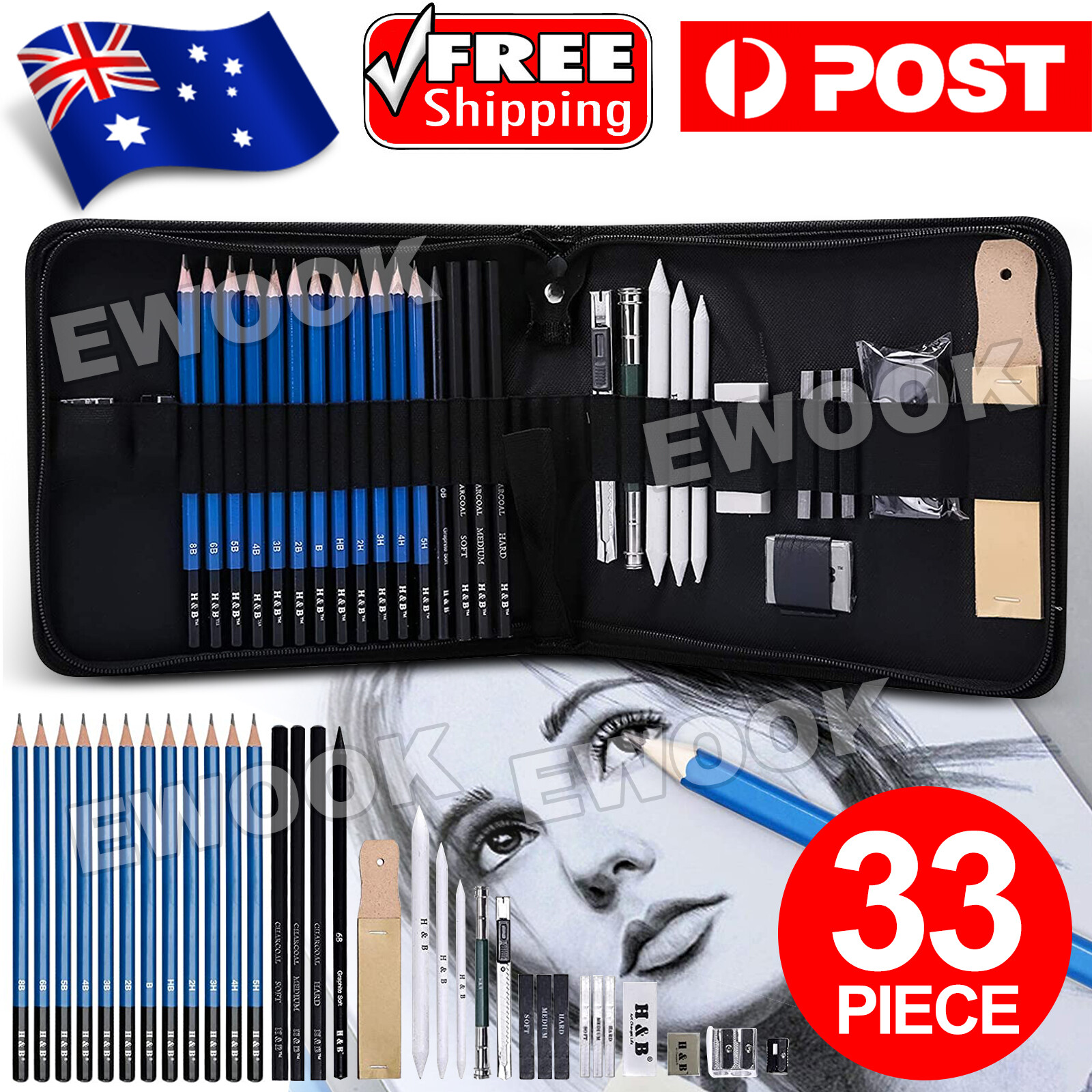 33pcs Drawing Sketch Set Charcoal Pencil Eraser Art Craft Painting Sketching Kit