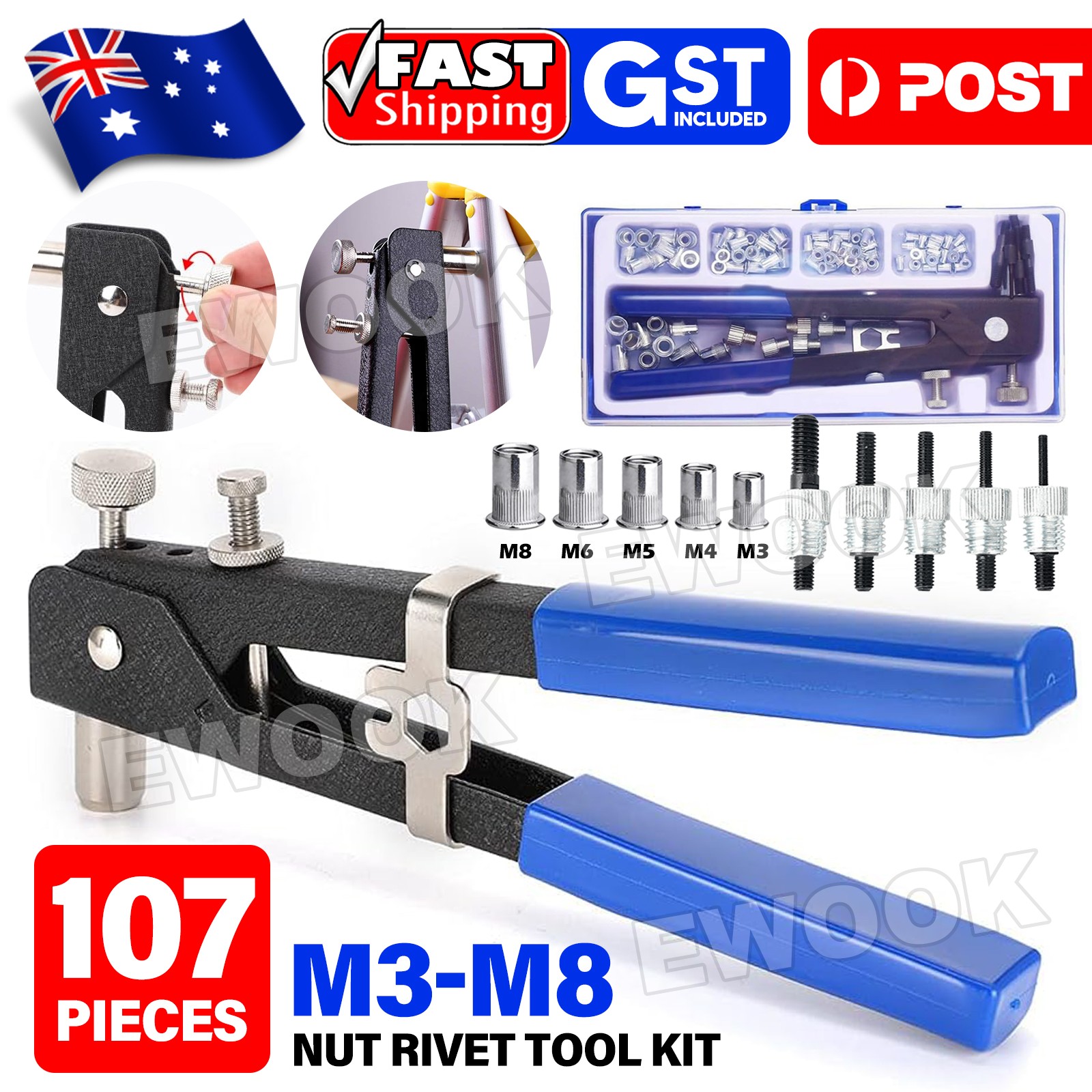 107x Riveter Nut Nutsert Tool Rivnut Gun Wrench Riveting Kit Mandrels M3-M8 17cm