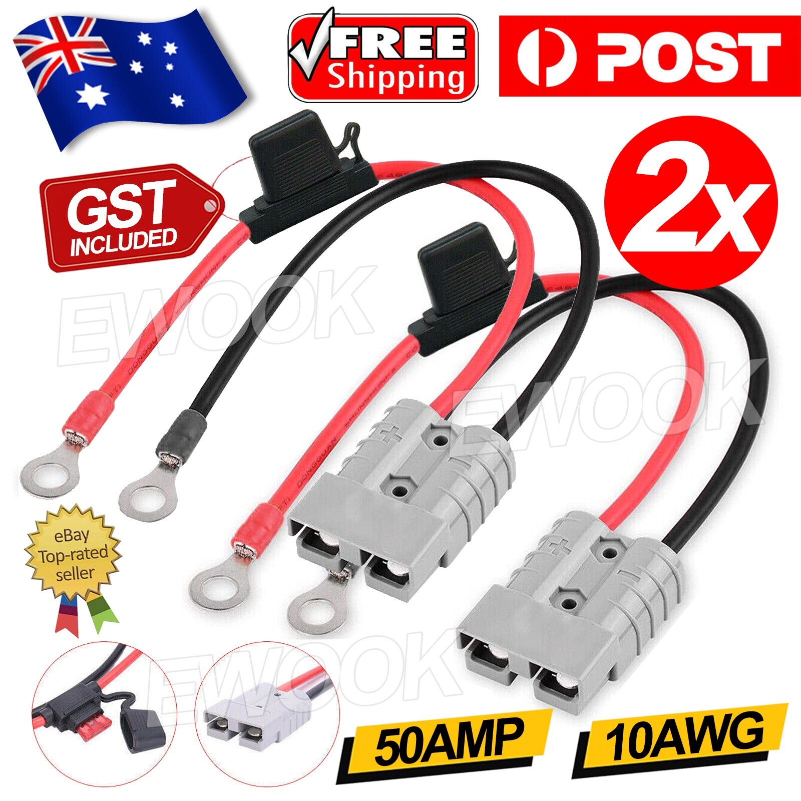 2pcs FUSED Anderson Lead 50amp plug to 8mm Lugs 10 BS 60 amp cable OZ Other
