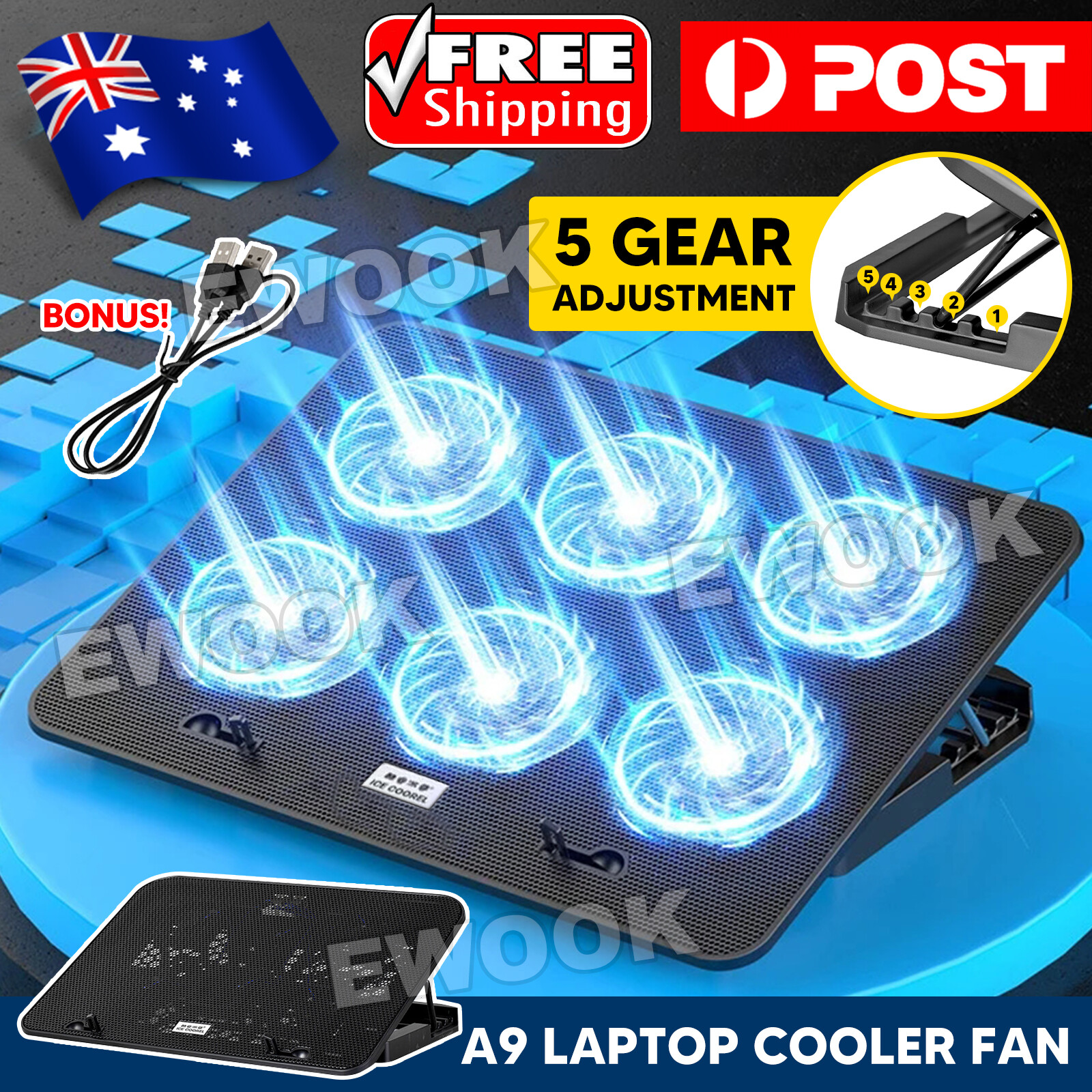 A9 Laptop Cooler Cooling Pad 6 Powerful Fan Table Stand for 12-17 LED As Picture