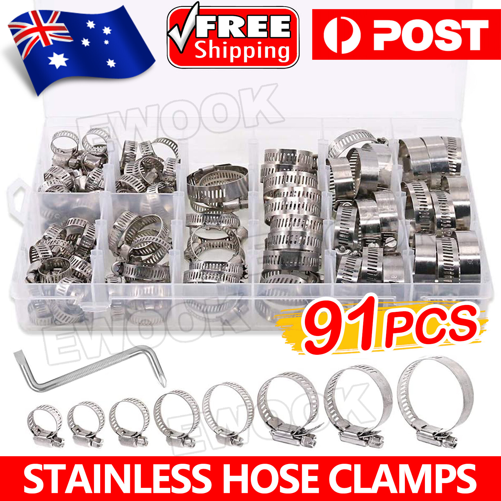 91X Stainless Steel Hose Clamps Clips Adjustable Range Worm Gear Pipe Kit As