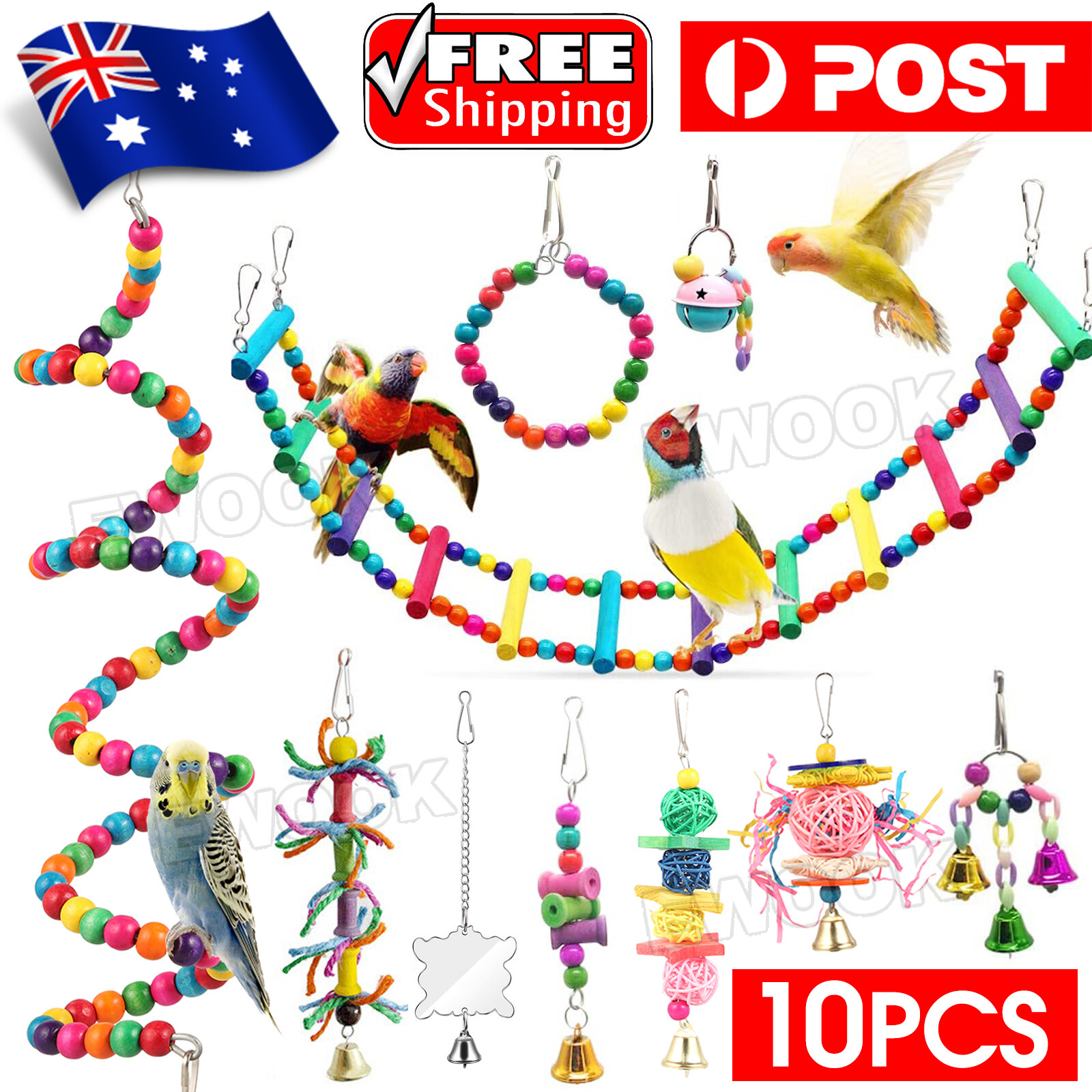 10PCS Bird Swing Chewing Toys Parrot Hammock Bell Cage Budgie Cockatiel Wood
