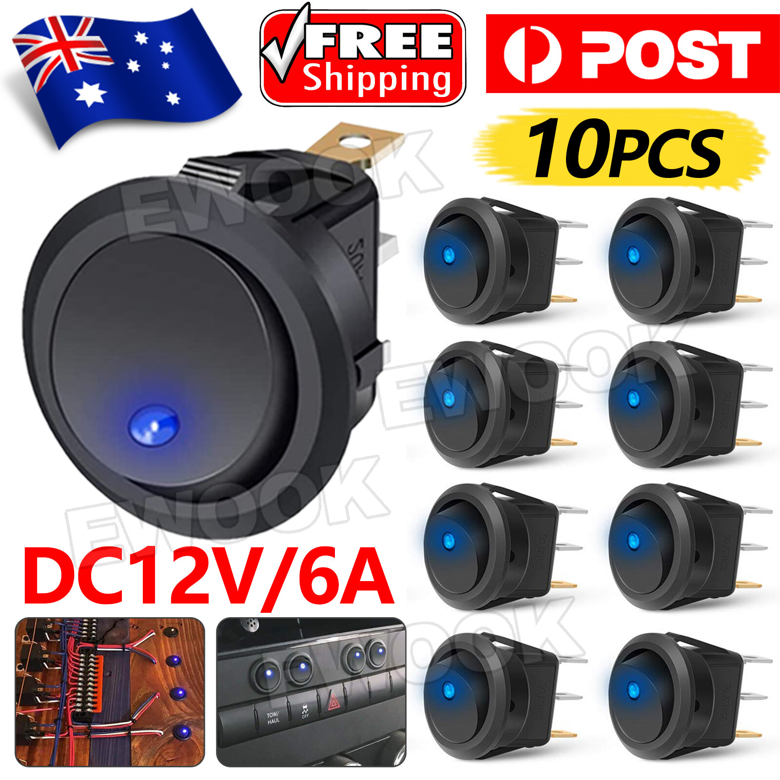 10x Blue Light LED 12V Car Boat Truck Round Rocker Toggle ON/OFF Switch AU 2 3
