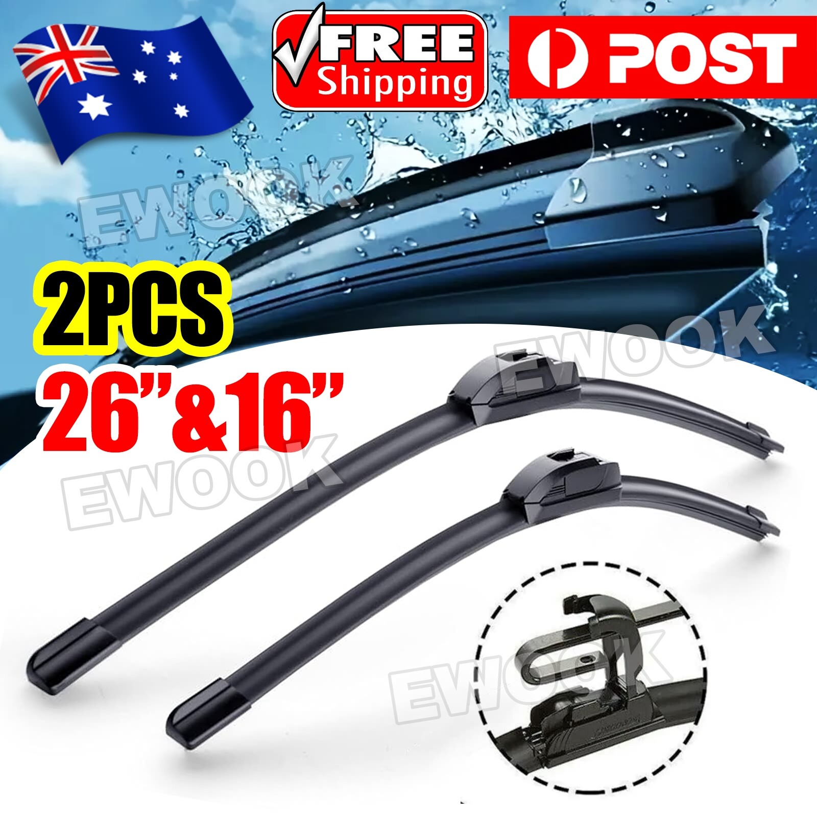 2Pcs Front Windscreen Wiper Blades Pair for Hook Arm 26 16 Windshield AU As Show