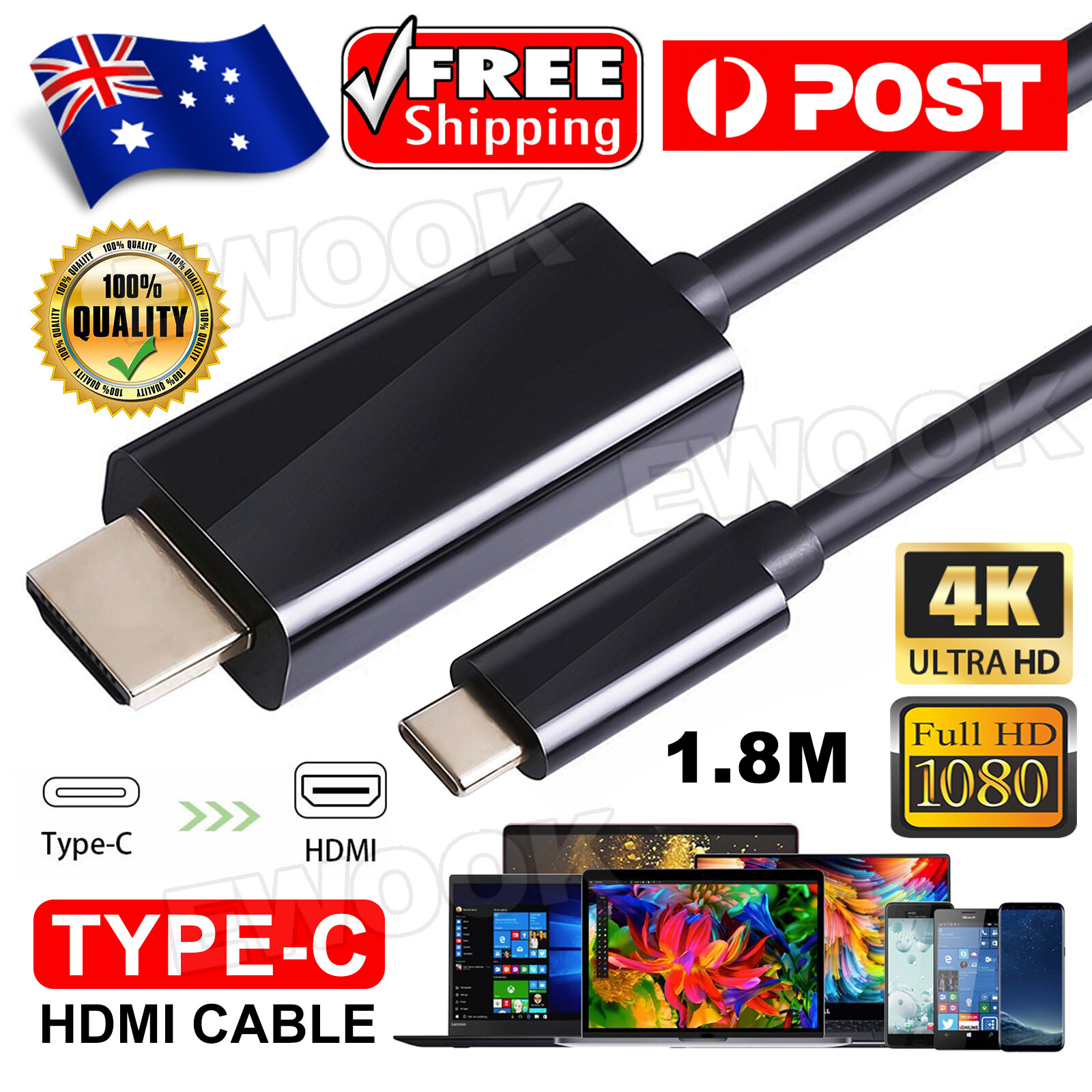 USB to HDMI Cable Type Male 4K For Macbook Chromebook Adapter/Converter 1.8M as