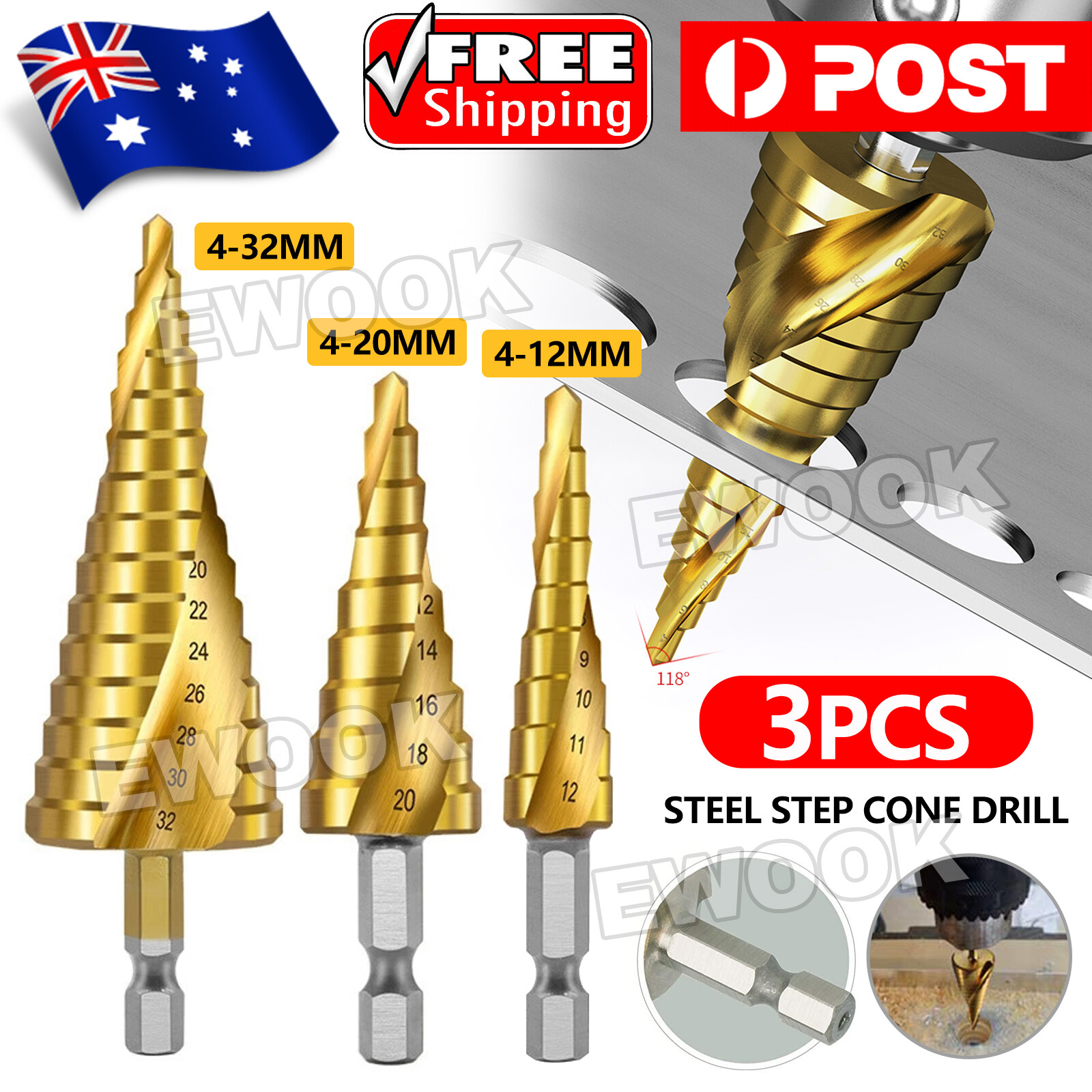 3PCS HSS Steel Step Cone Drill Titanium Metal Hole Cutter Bit Set 4-12/20/32mm /