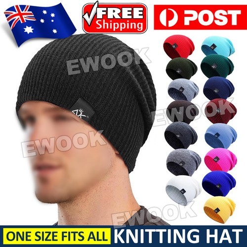 Mens Knitted Winter Slouch Skateboard Beanie Hat Ski Cap Warm Outdoor AU One