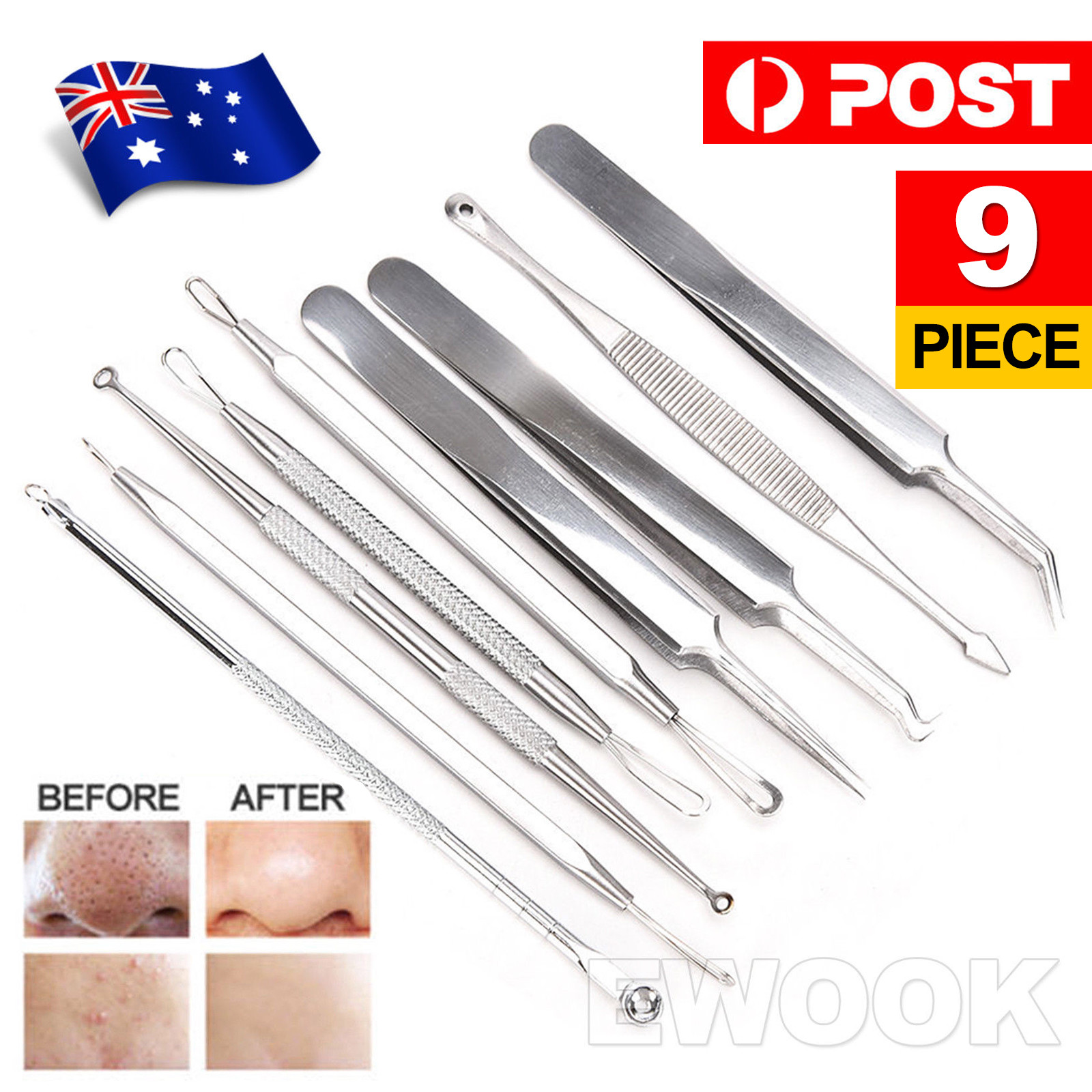 9pcs Blackhead Remover Extractor Tool Pimple Blemish Popper Comedone Kit Clip As