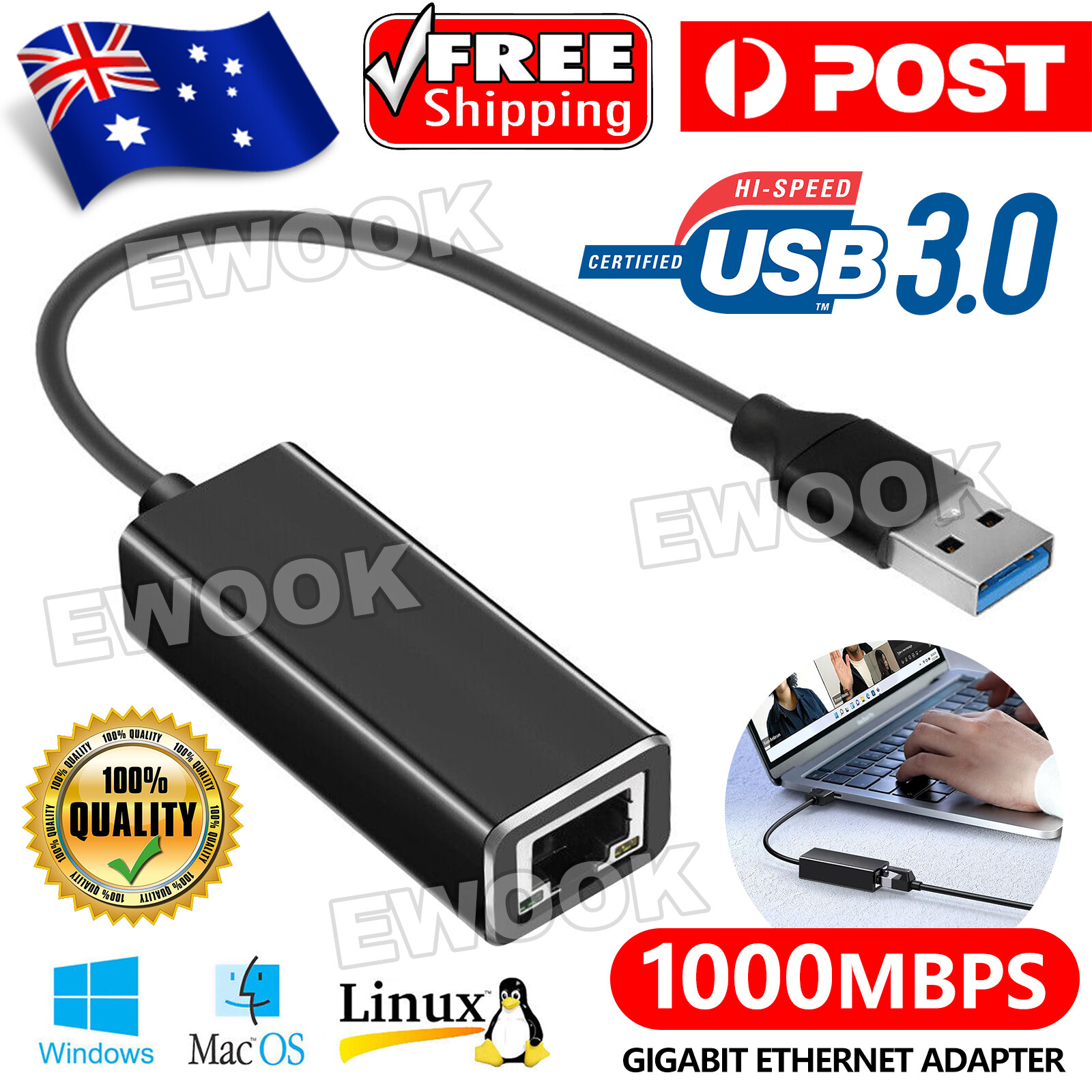 USB 3.0 to Gigabit RJ45 Ethernet LAN Network Adapter 1000Mbps For PC Laptop Mac