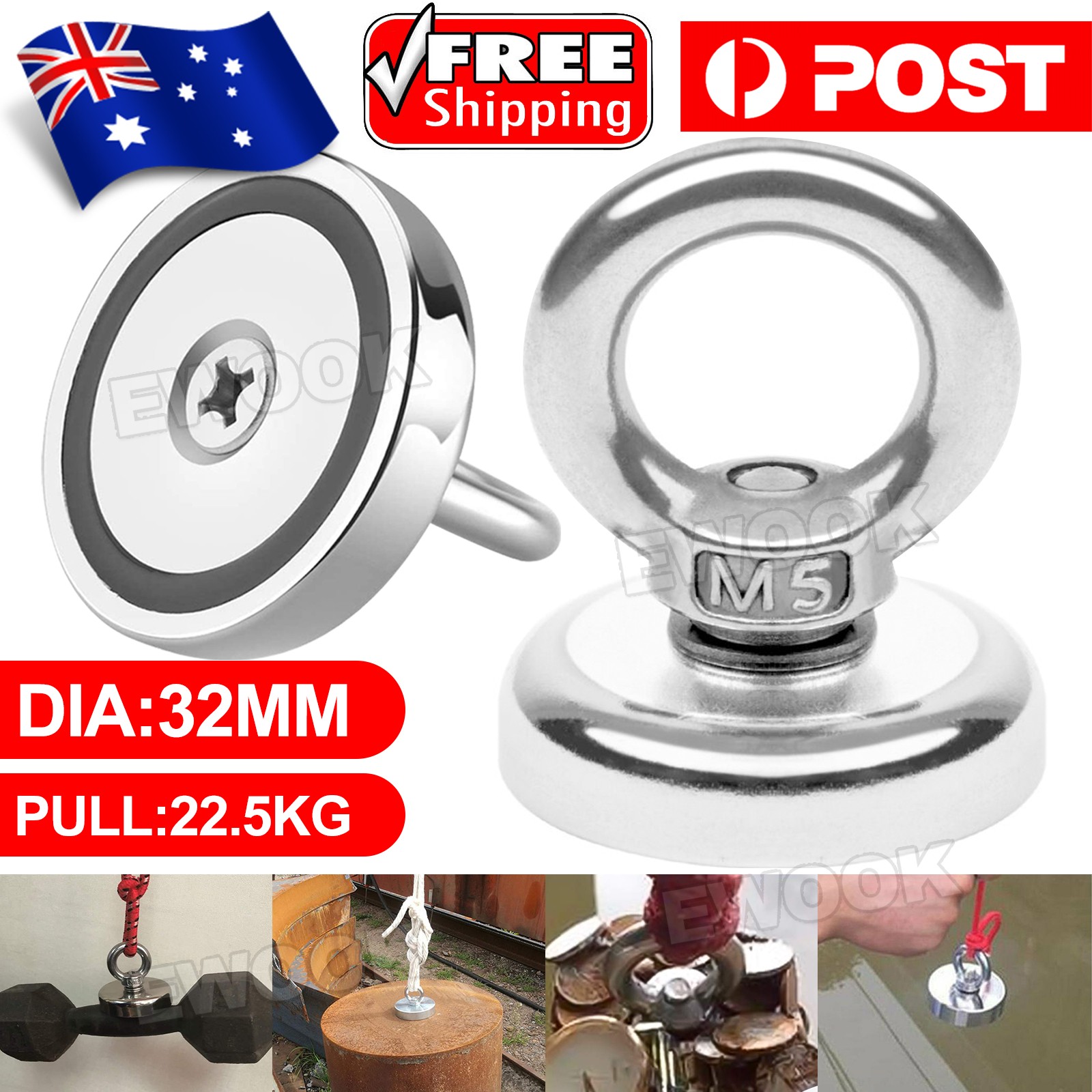 Magnet 22.5Kg Salvage Recovery Neodymium Hook Fishing Treasure Hunting 31x32mm