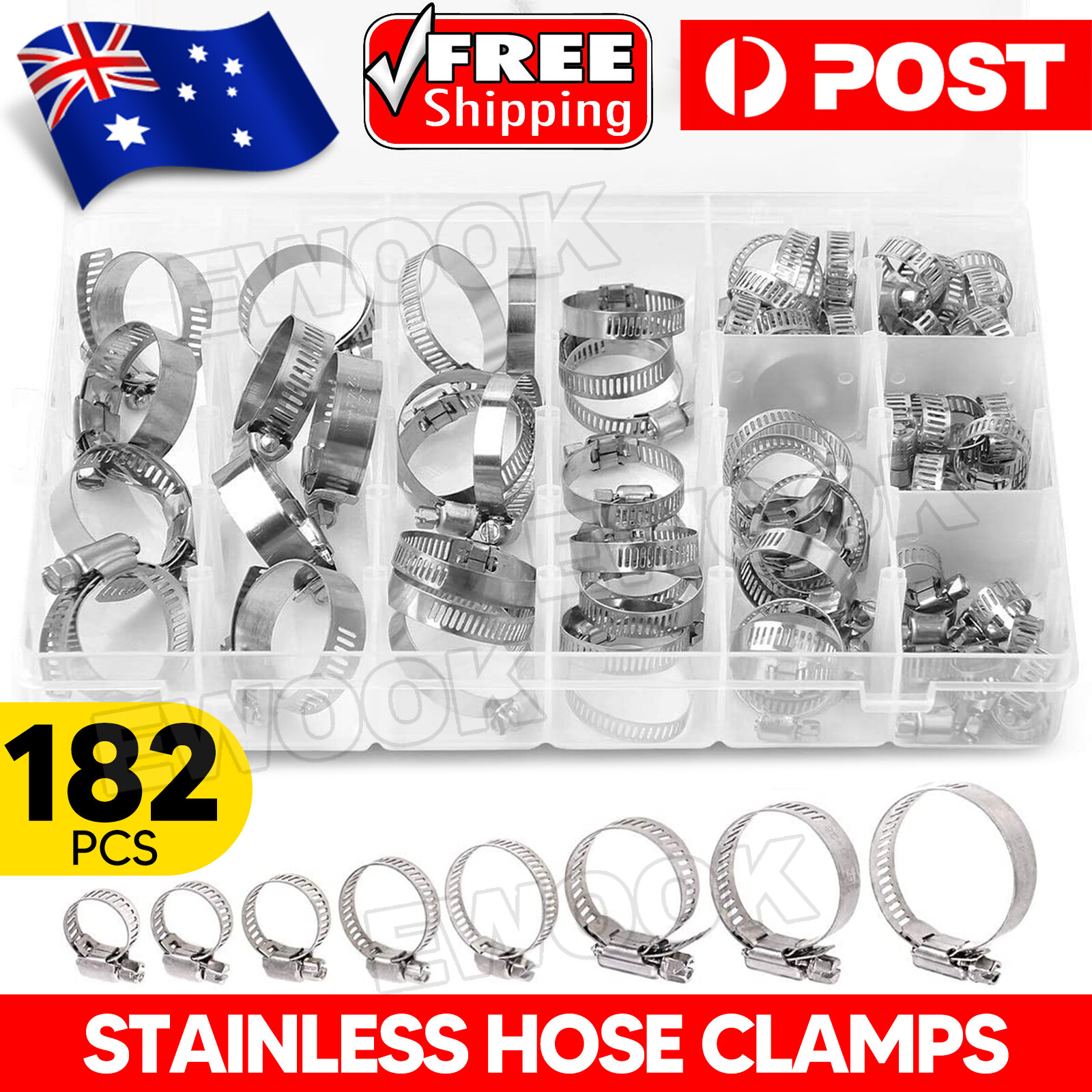 182Pcs Stainless Steel Hose Clamps Kit Adjustable Worm Gear Pipe Clips As Show